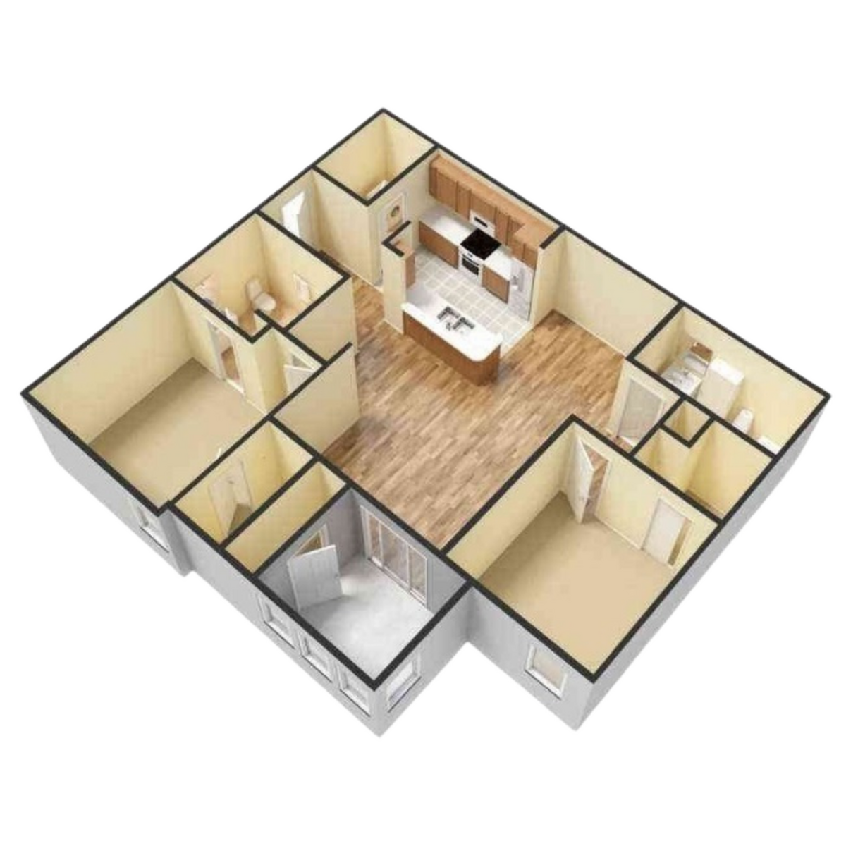 Modern 3D floor plan showcasing a spacious open-concept layout with a central kitchen, multiple bedrooms, and stylish interiors.