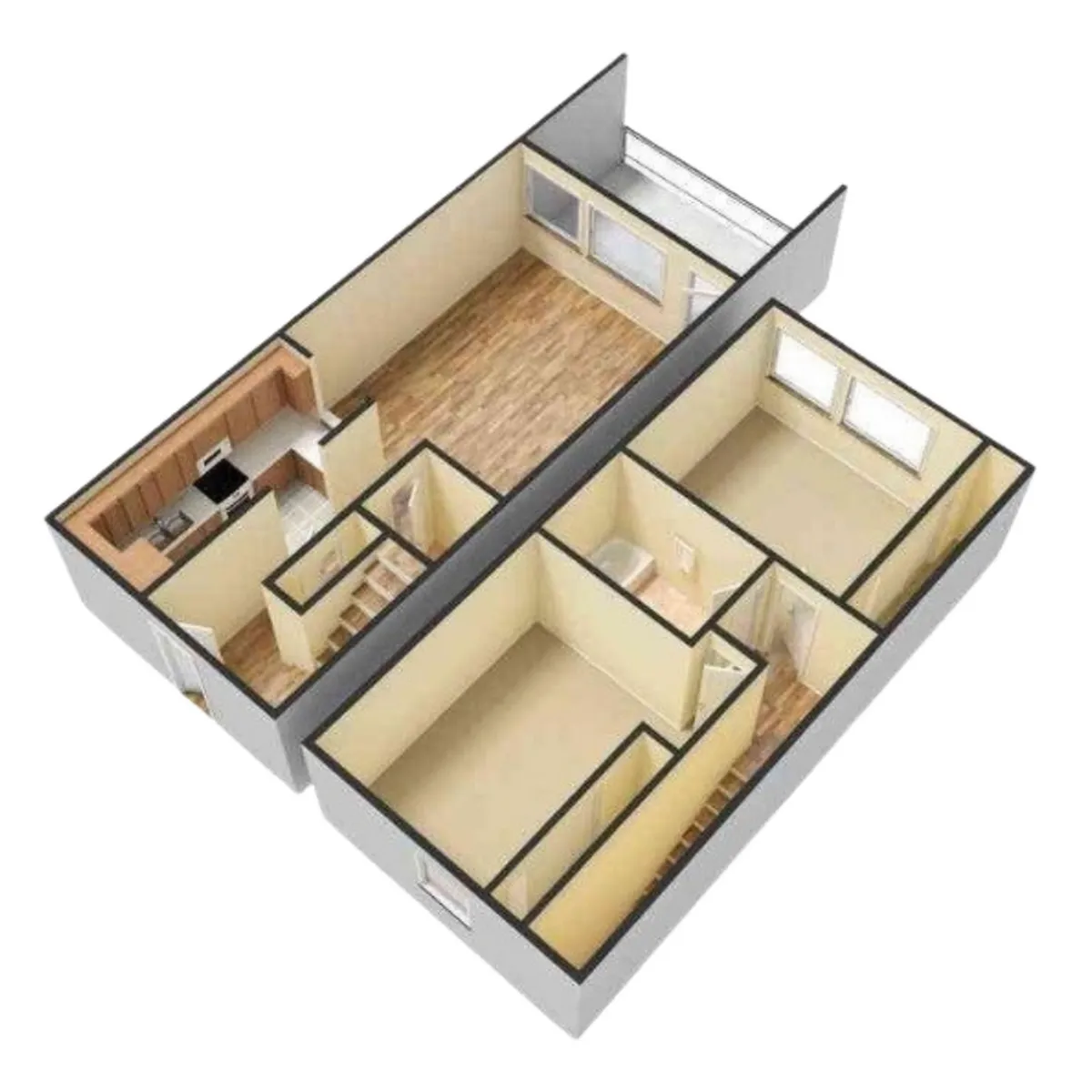 Elegant 3D floor plan showcasing a two-bedroom apartment with a modern kitchen, spacious living area, and large windows.