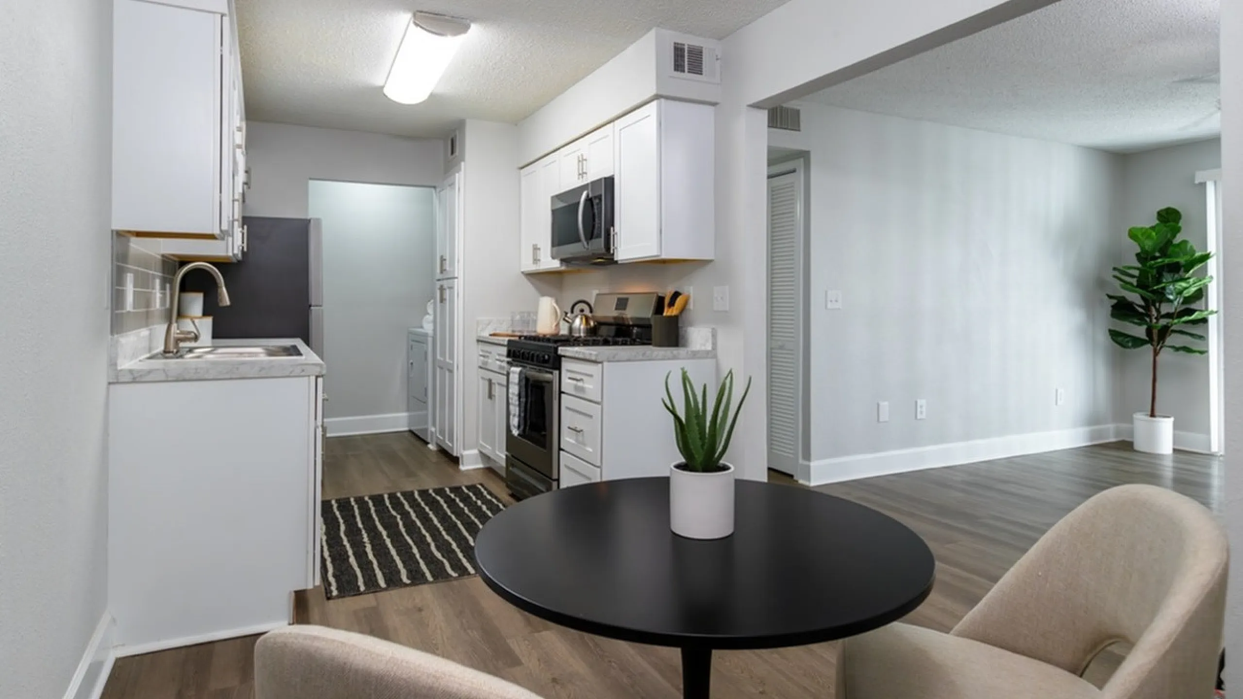 Contemporary kitchen with white cabinets, modern appliances, and a small dining setup with a plant centerpiece.
