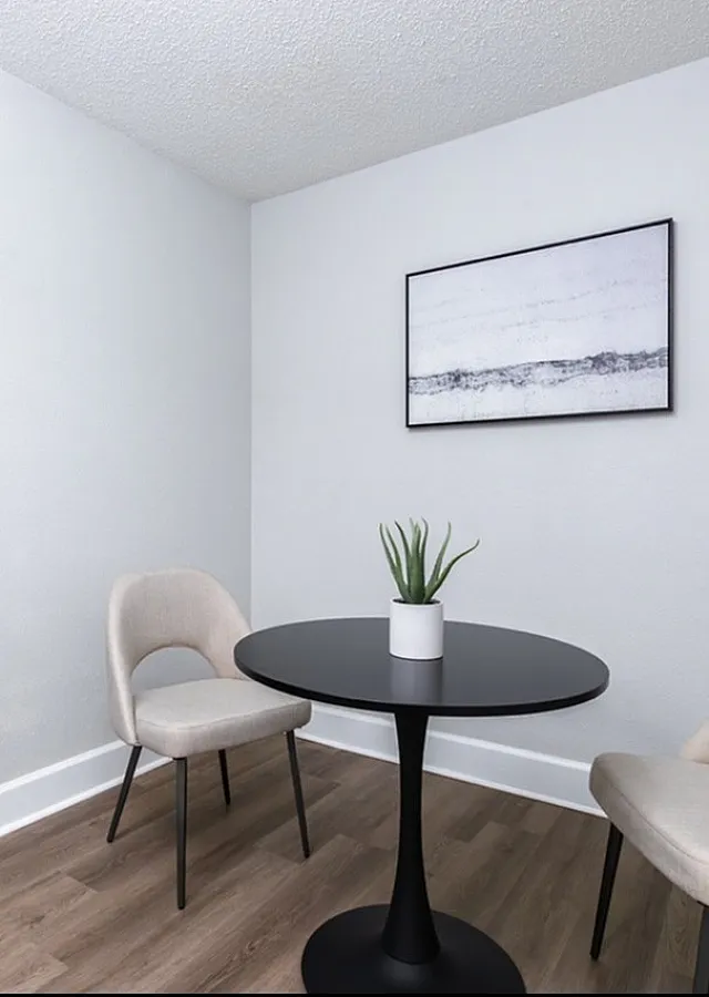 Modern apartment corner with sleek furniture, featuring a round black table, two chairs, a potted plant, and a cozy reading nook.