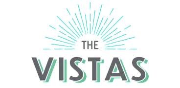 Elegant logo for The Vistas Apartment Homes featuring modern typography and sunburst design.