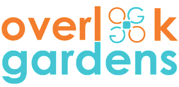 Vibrant and modern logo design for Overlook Gardens, featuring bold orange and blue lettering with a creative graphic element.