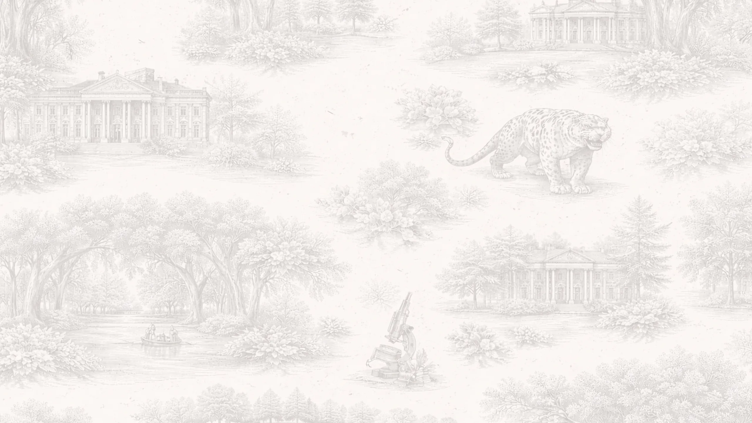 Intricate toile wallpaper pattern featuring elegant mansions, lush landscapes, a majestic leopard, and serene boating scenes.