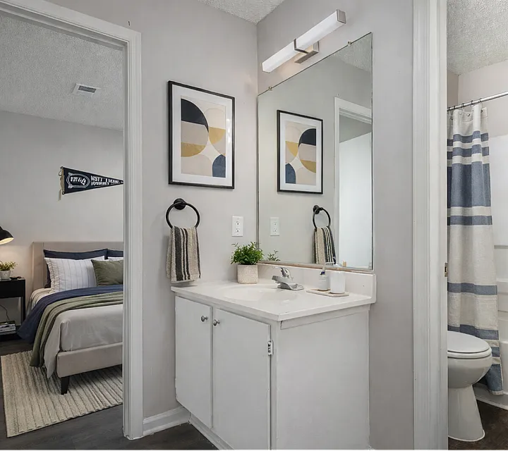 Charming apartment bathroom with modern vanity, elegant decor, and inviting bedroom glimpse offering cozy ambiance.