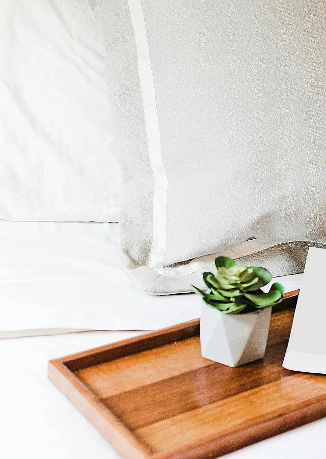 Serene bedroom scene with plush pillows, a wooden tray, and a cute potted plant offering a touch of natural elegance.