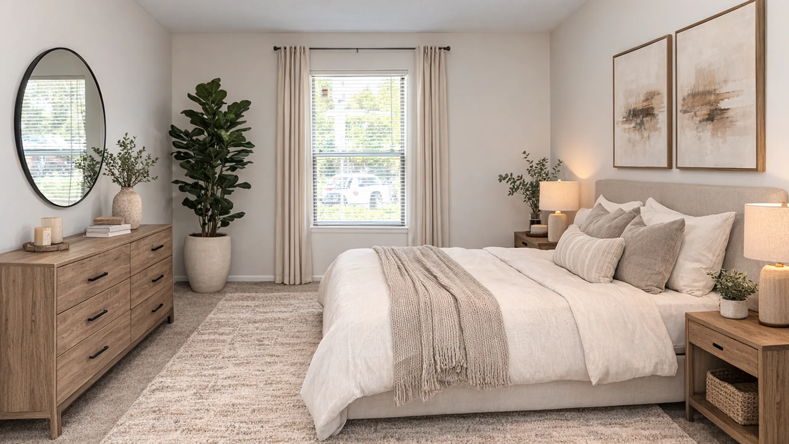 Serene bedroom with a cozy bed, elegant wooden furniture, and natural light streaming through a large window, accentuated by stylish decor and a lush green plant.