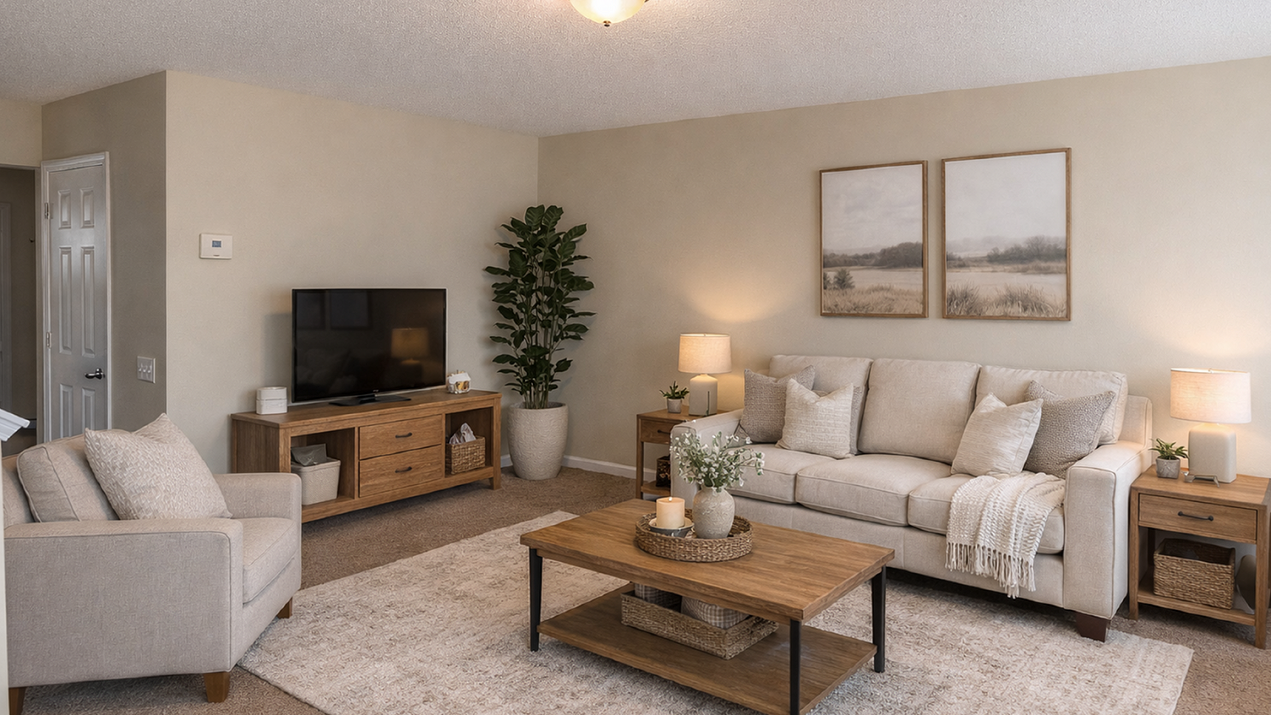 Charming modern living room with cozy beige sofa, stylish armchair, and wooden coffee table, complemented by warm ambient lighting and lush indoor plant.