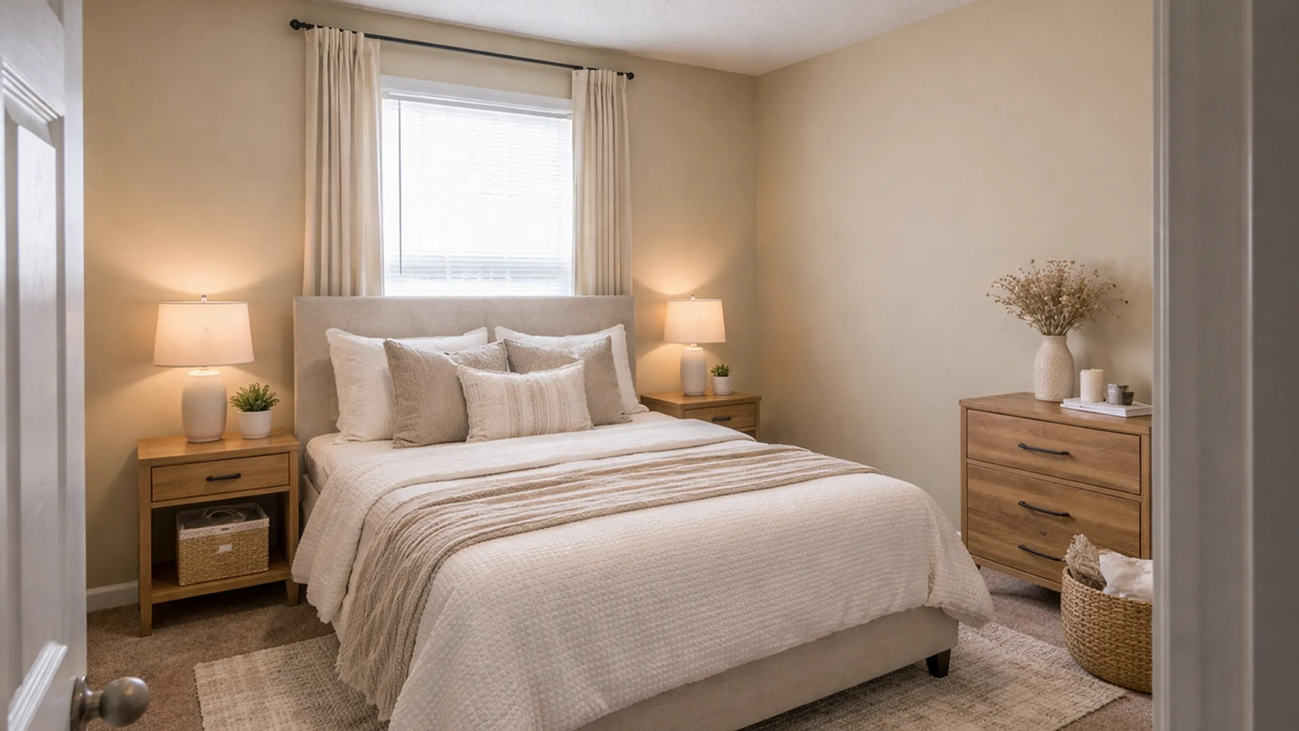 Inviting bedroom with soft lighting, neutral tones, and elegant wooden furniture, creating a cozy and tranquil retreat.