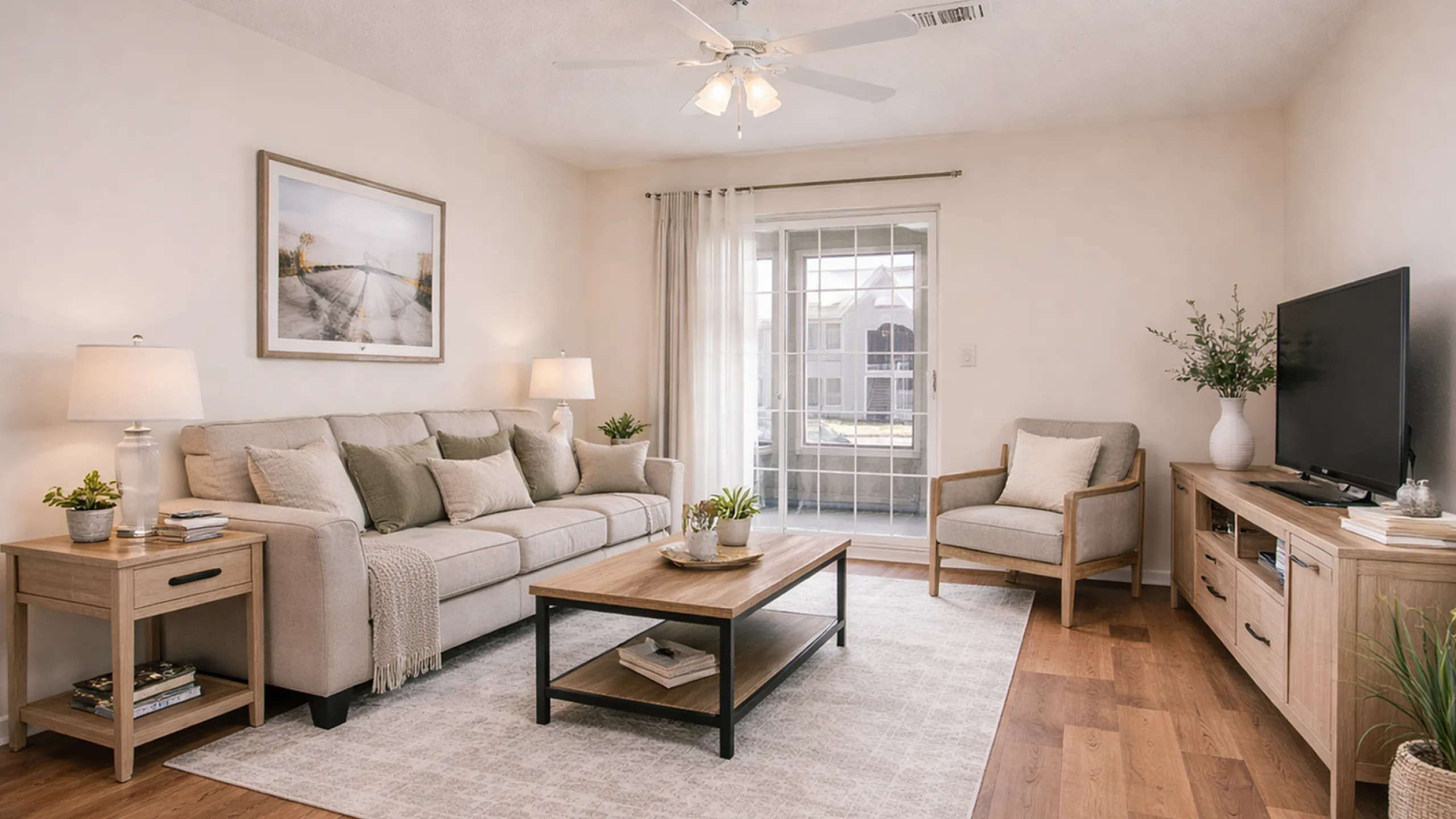 Inviting living room featuring a plush beige sofa, chic wooden furniture, and abundant natural light through elegant sliding glass doors.