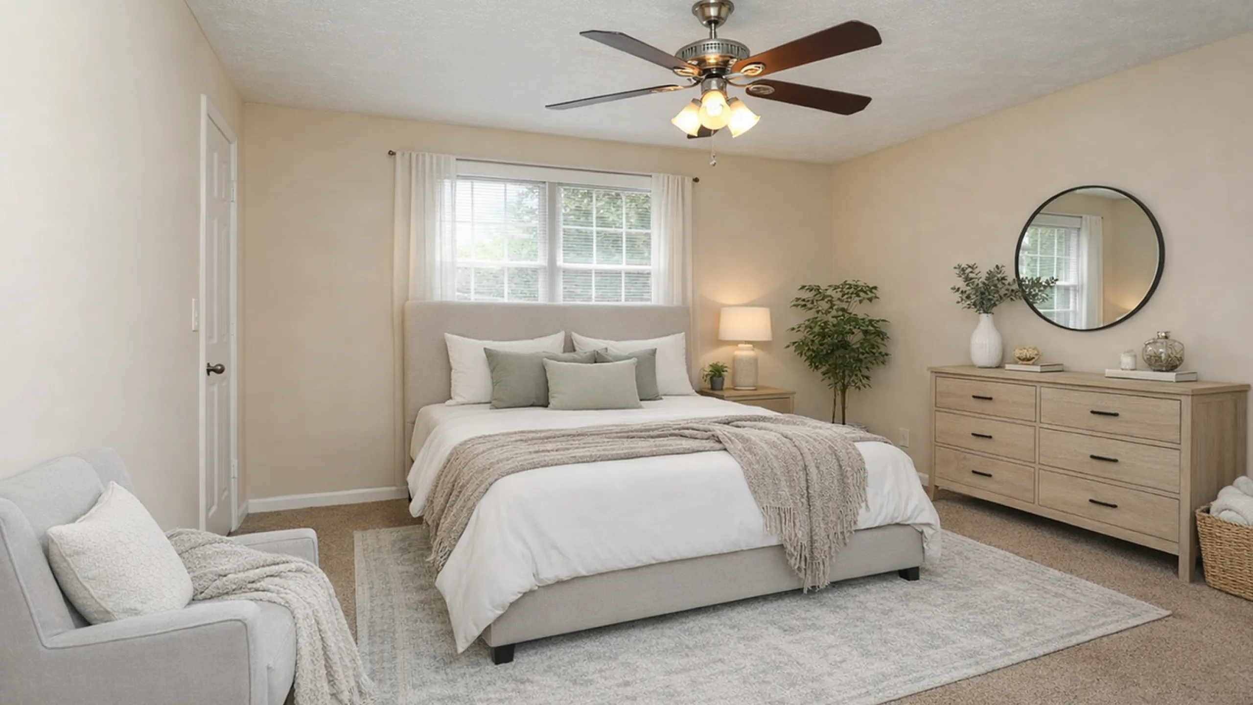 Inviting bedroom with plush bed, elegant neutral decor, and ample natural light from large window; features include a ceiling fan and stylish furniture.