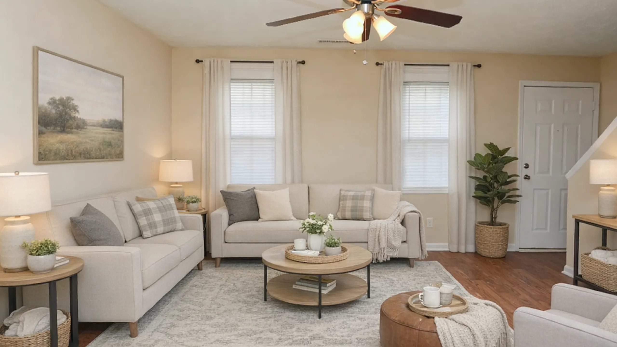 Inviting living room with cozy beige sofas, elegant decor, and warm wooden flooring, enhanced by soft natural lighting and lush indoor plants.