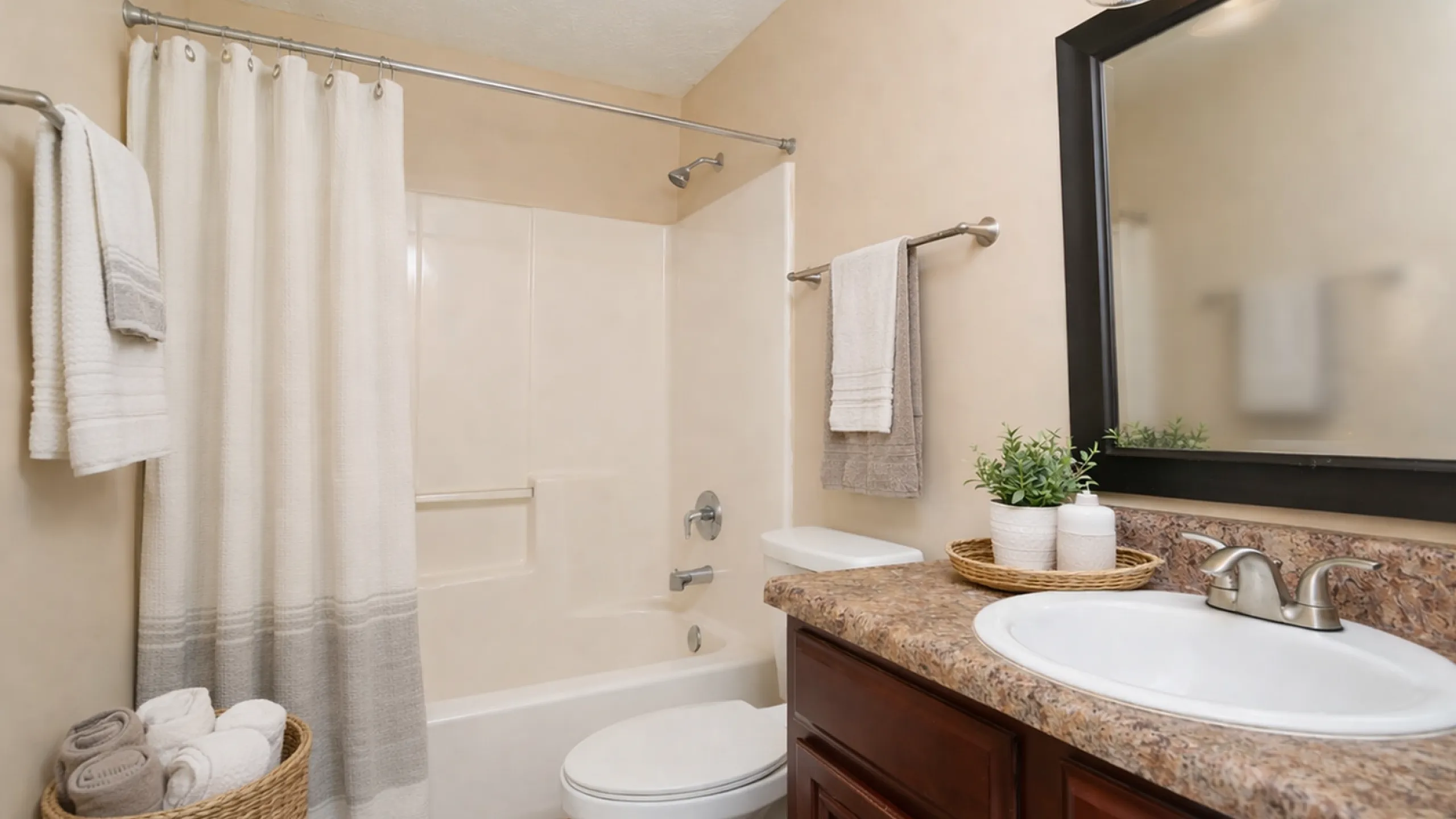 Elegant bathroom with a modern, sleek design featuring a large mirror, sophisticated lighting, and a pristine bathtub. Accentuated by polished countertops and neatly arranged towels, creating a relaxing and inviting atmosphere.