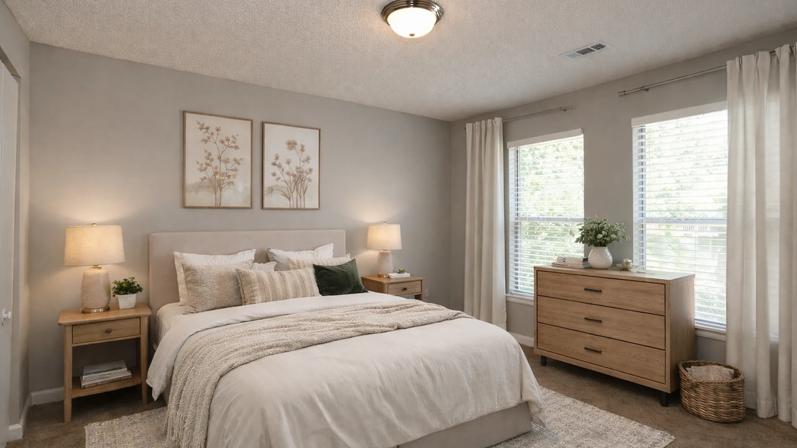 Serene bedroom featuring a plush bed, soft lighting, wooden furniture, and a cozy atmosphere with natural light streaming through large windows.