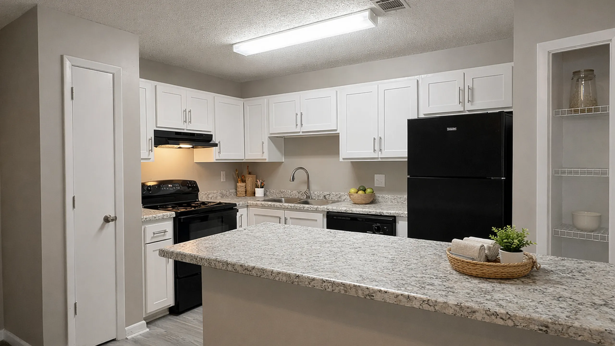 Modern kitchen with sleek appliances, granite countertops, and ample cabinetry, perfect for culinary enthusiasts.