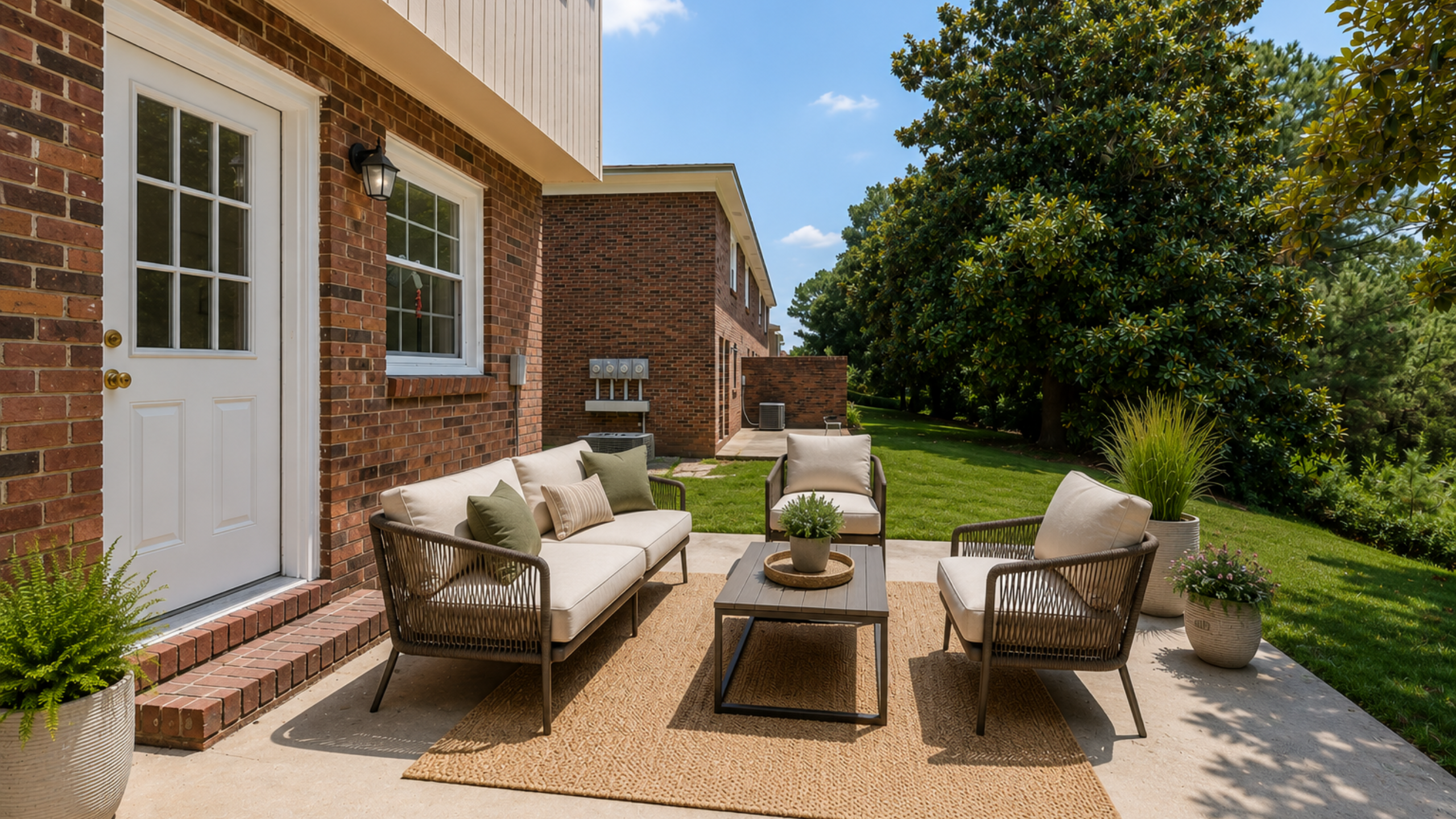 Inviting patio space with stylish wicker furniture, lush greenery, and a serene garden view, perfect for relaxation.