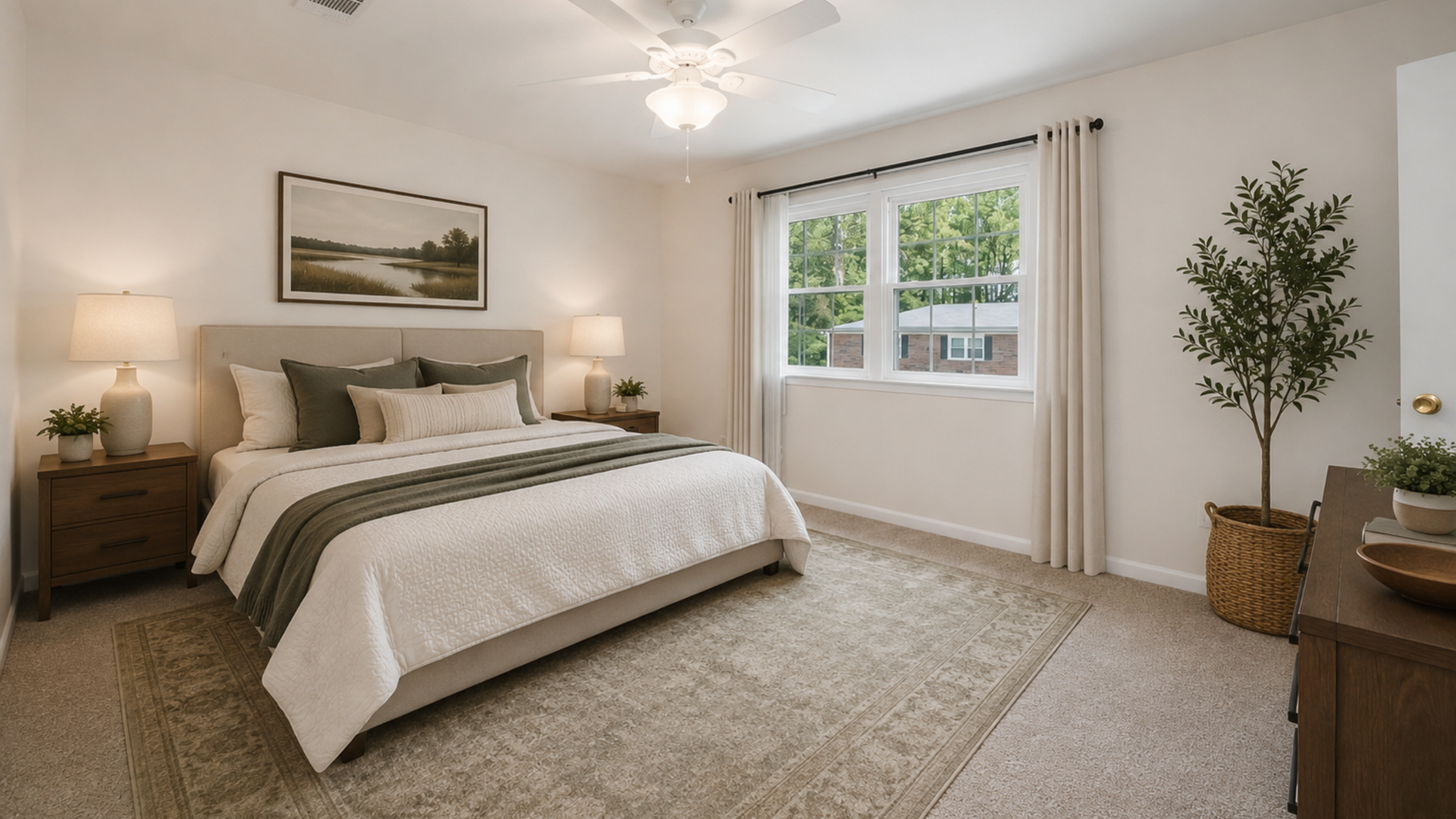 Inviting bedroom with elegant decor, large window, and plush bedding for a cozy atmosphere.