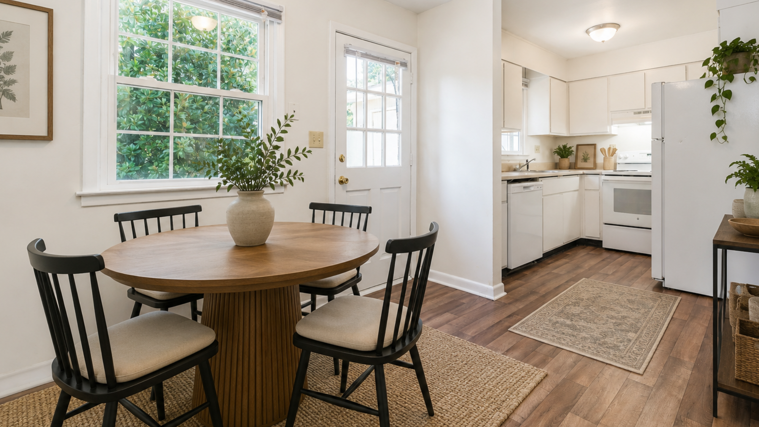 Bright dining area with wooden table and modern chairs, next to a charming kitchen featuring white cabinets and lush greenery through the window.