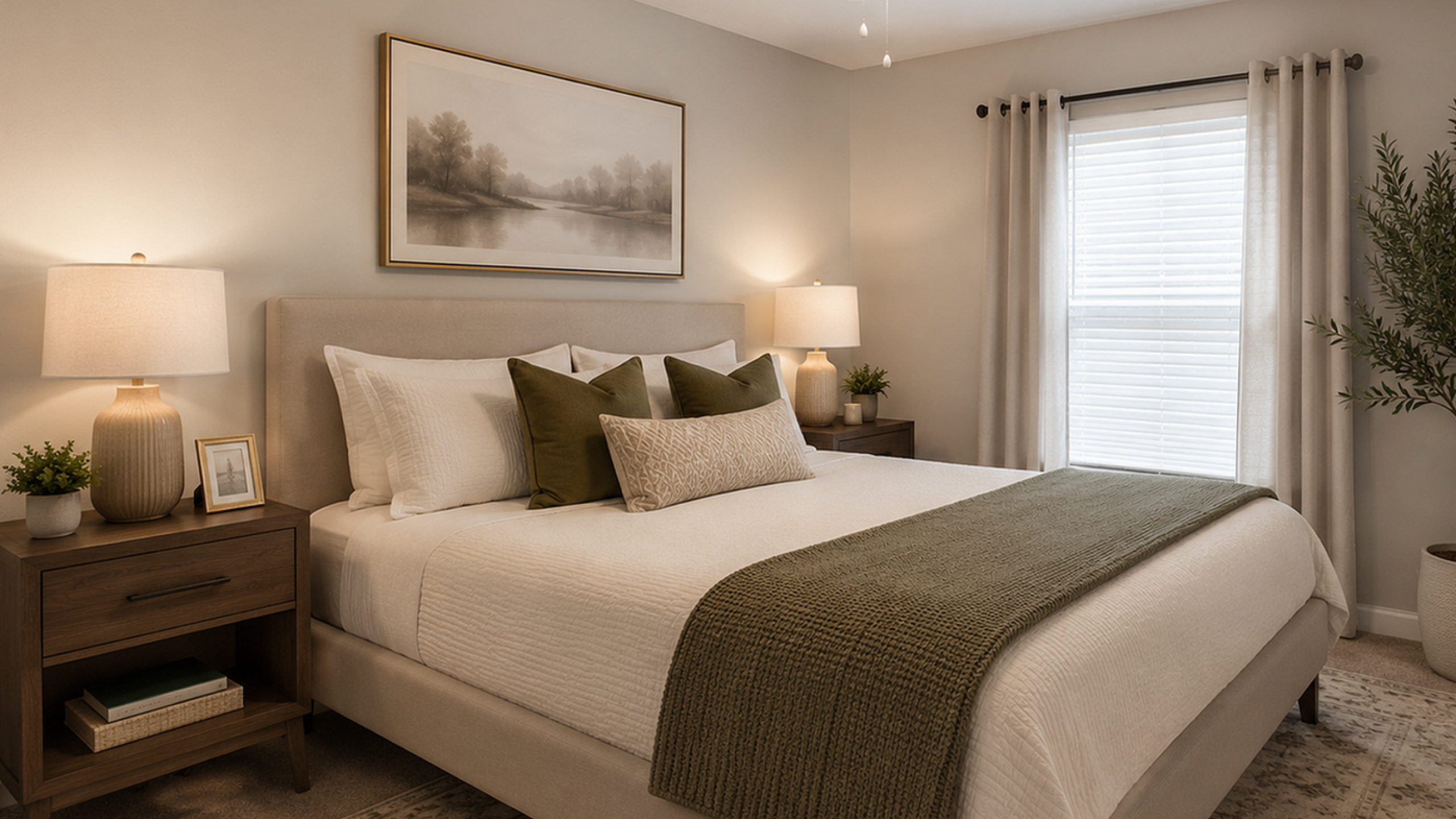 Inviting bedroom featuring a plush bed with elegant green accents, soft lighting from matching bedside lamps, and serene wall art, creating a calming atmosphere.