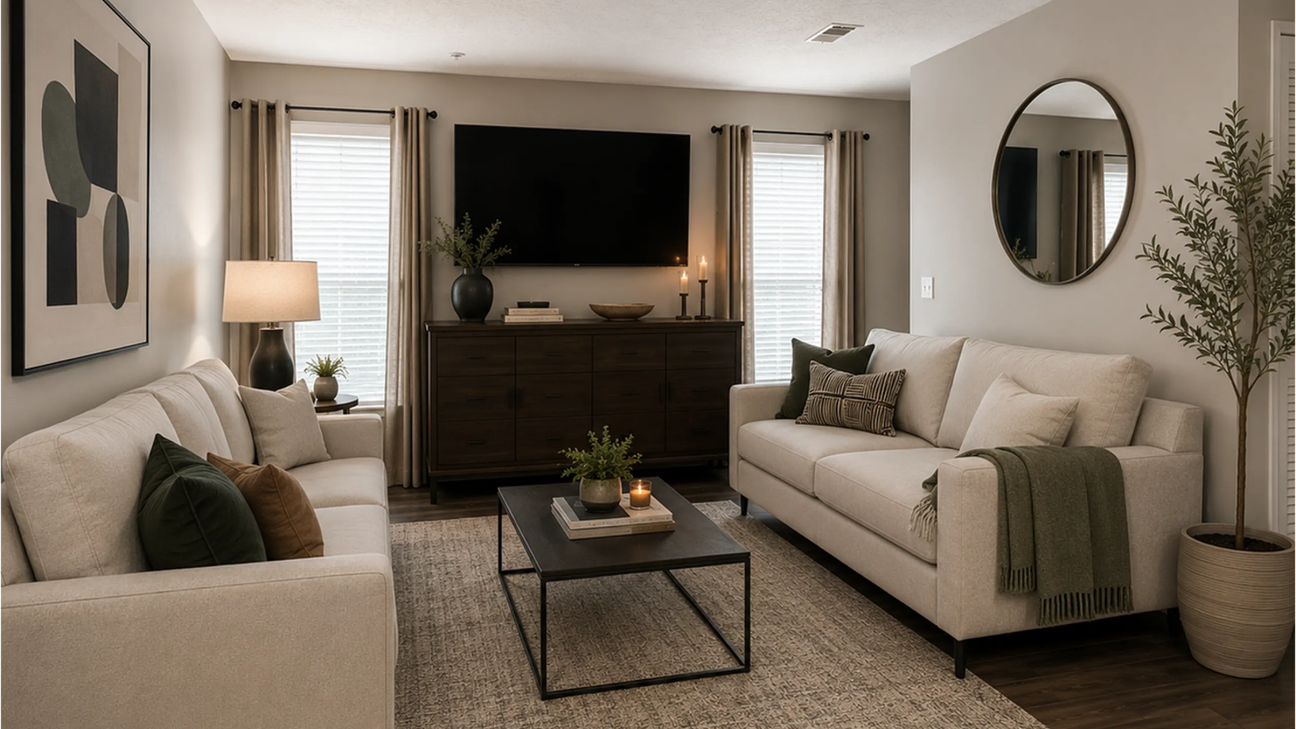 Inviting living room with elegant decor, featuring cozy sofas, modern artwork, and a warm ambiance.