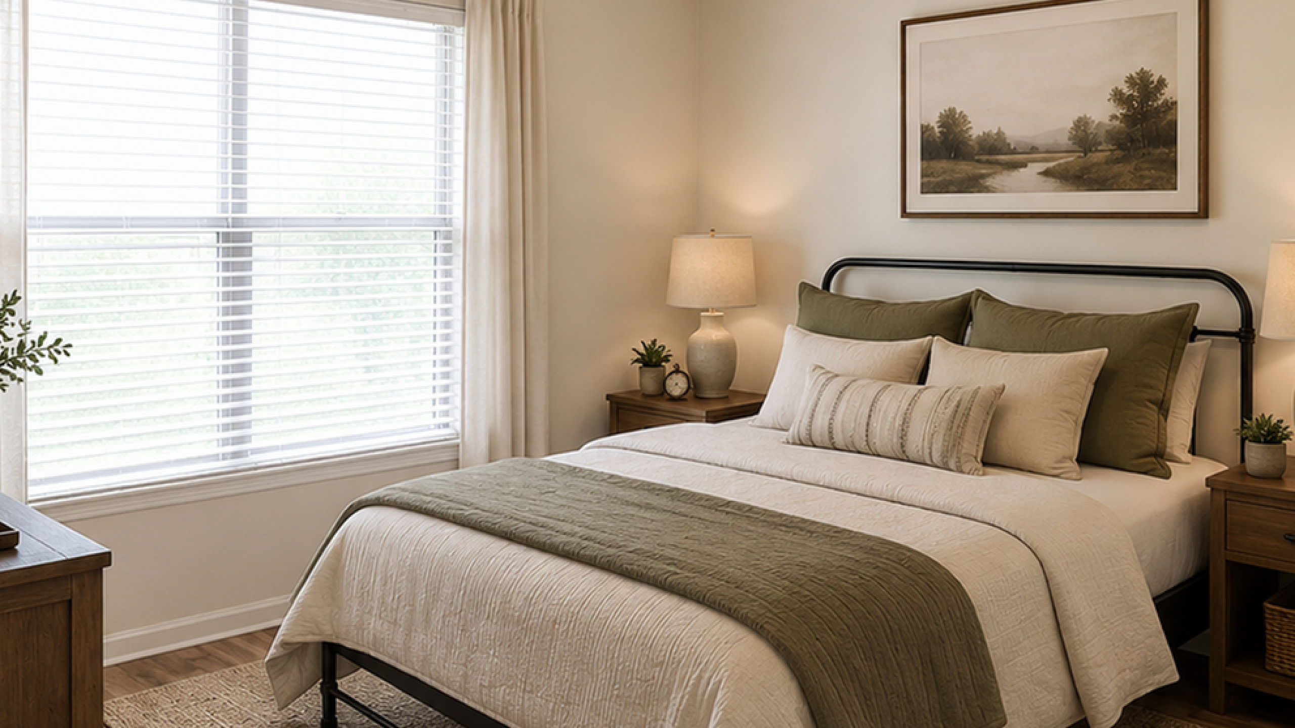 Inviting bedroom with natural light, featuring elegant decor, a cozy bed, and warm wood flooring.