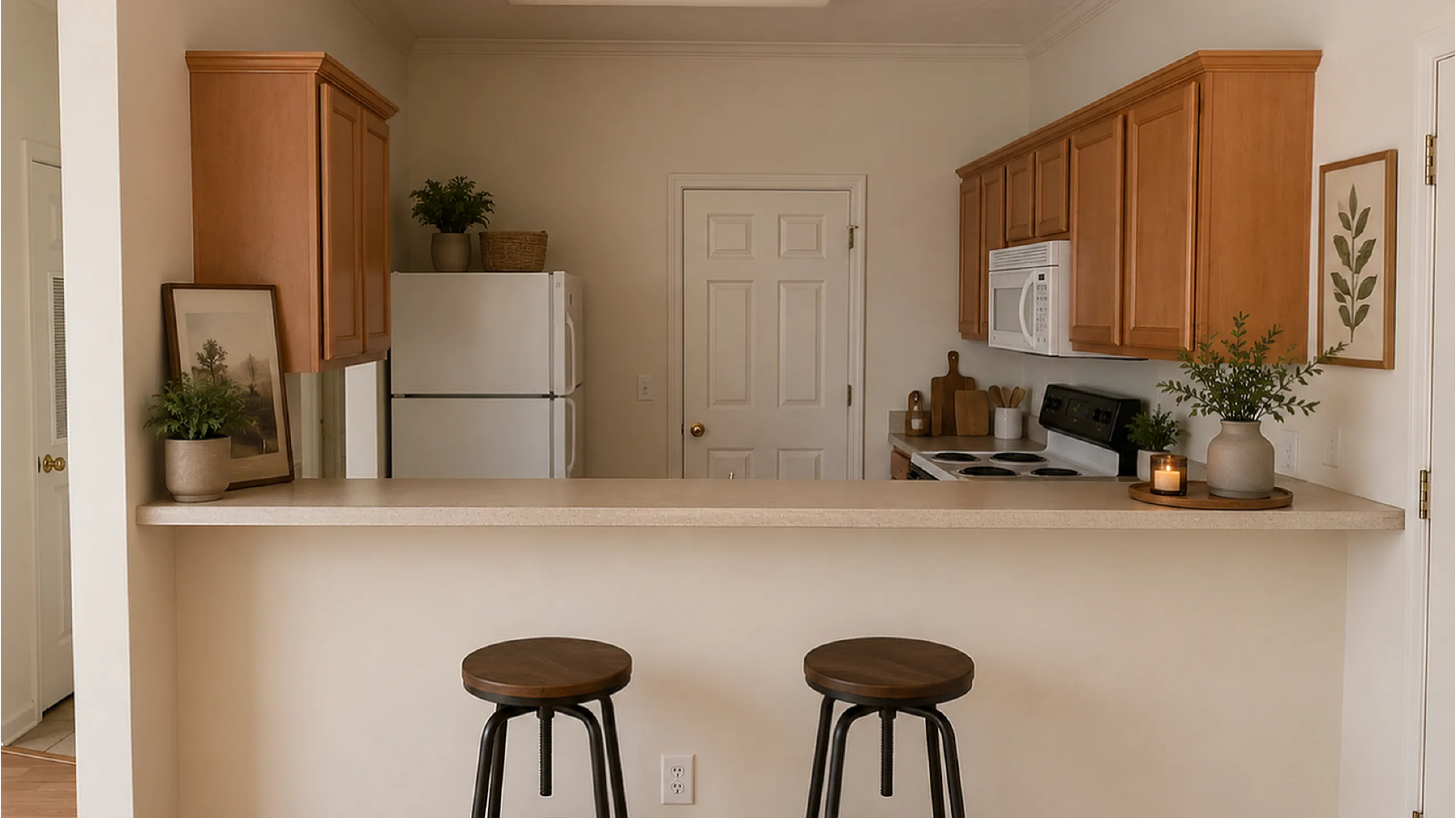 Charming kitchen with modern appliances, wooden cabinetry, and a cozy breakfast bar with stylish stools, ideal for casual dining.