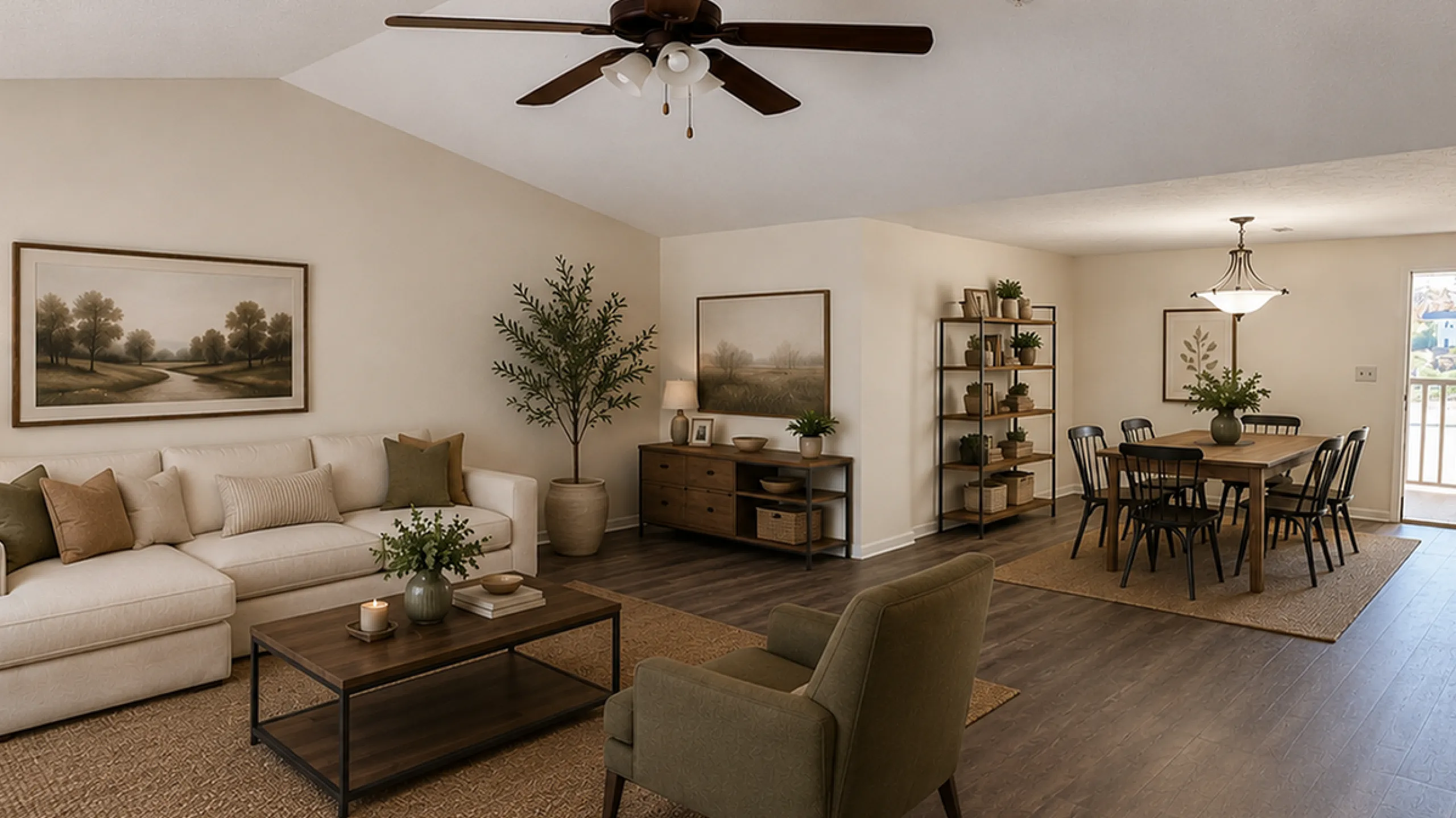 Elegant open-concept living and dining area with modern decor, wooden flooring, and ample natural light.