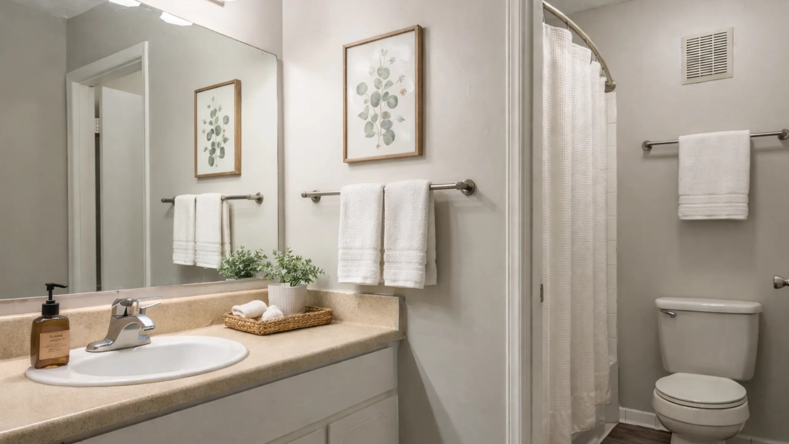 Elegant bathroom featuring a modern sink with sleek fixtures, decorative wall art, and plush towels for a luxurious feel.