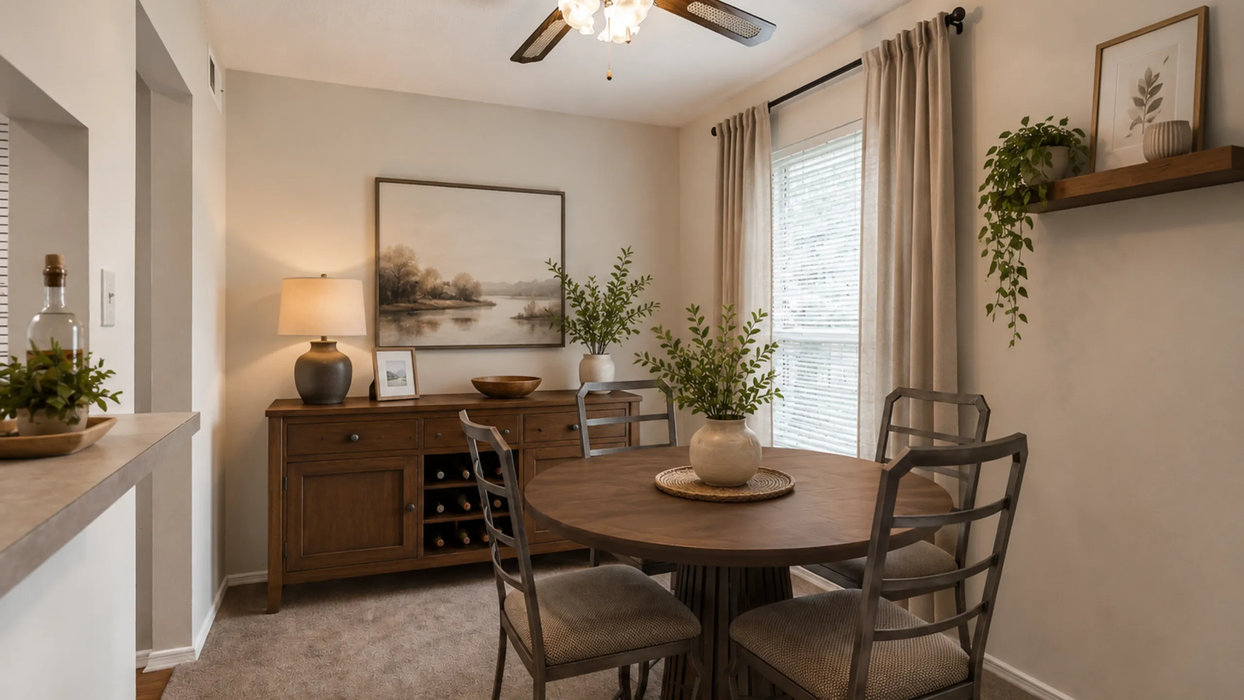 Elegant dining area with a rustic wooden table, chic chairs, and tasteful decor featuring lush greenery, creating an inviting atmosphere.