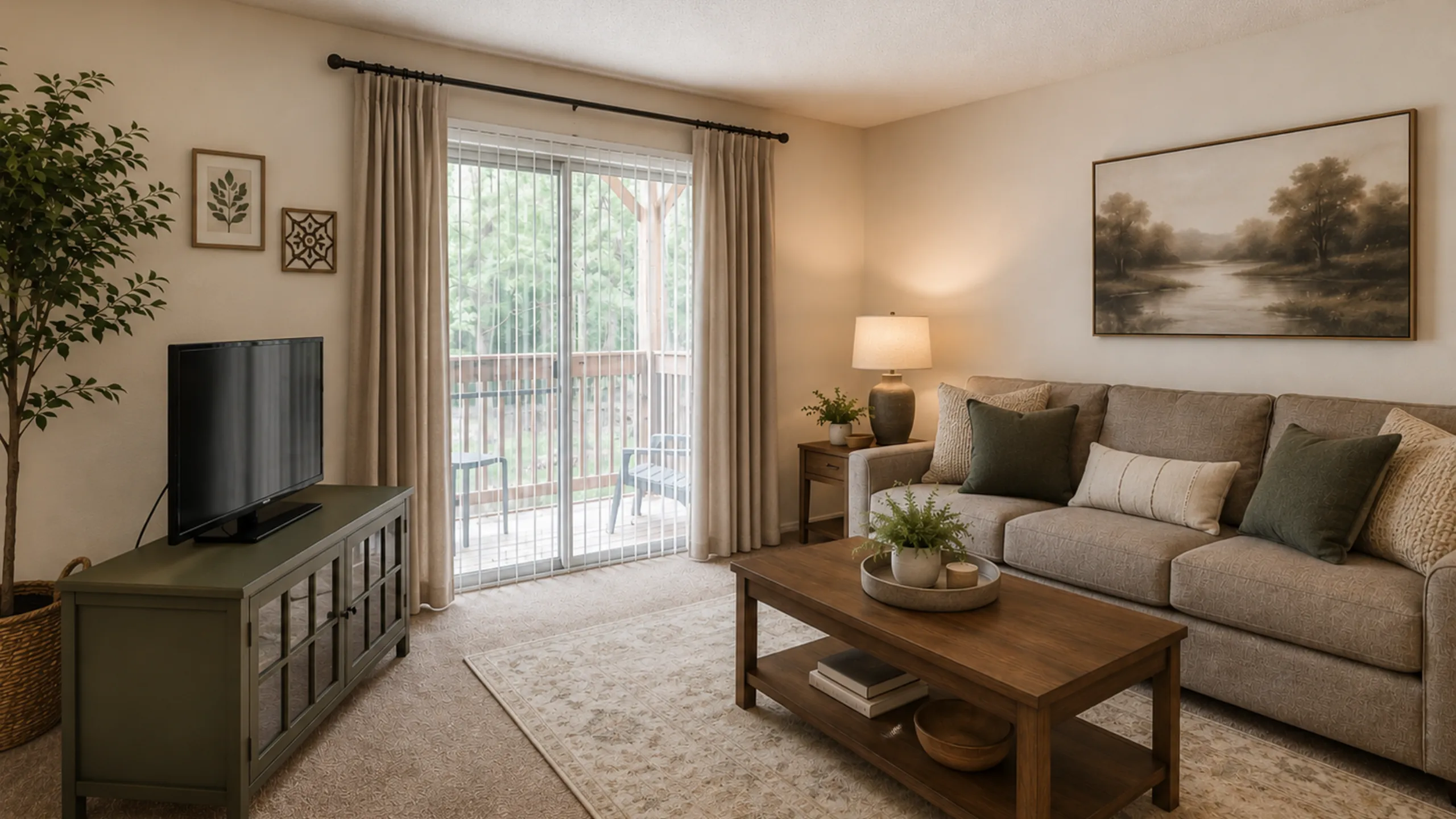 Inviting living room with cozy beige sofa, elegant coffee table, and abundant natural light through sliding glass doors opening to a serene balcony.