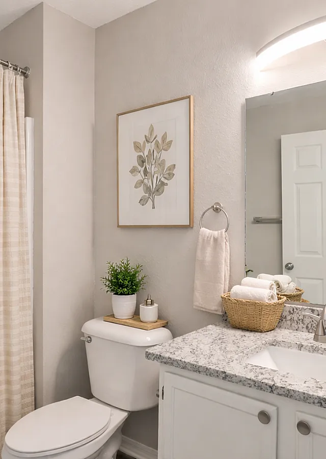 Bright, modern bathroom featuring granite countertop, elegant lighting, and stylish decor with greenery accents.