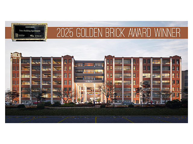Award-winning Trico Building Apartments showcasing a stunning architectural facade at sunset, enhanced with a prestigious 2025 Golden Brick Award.