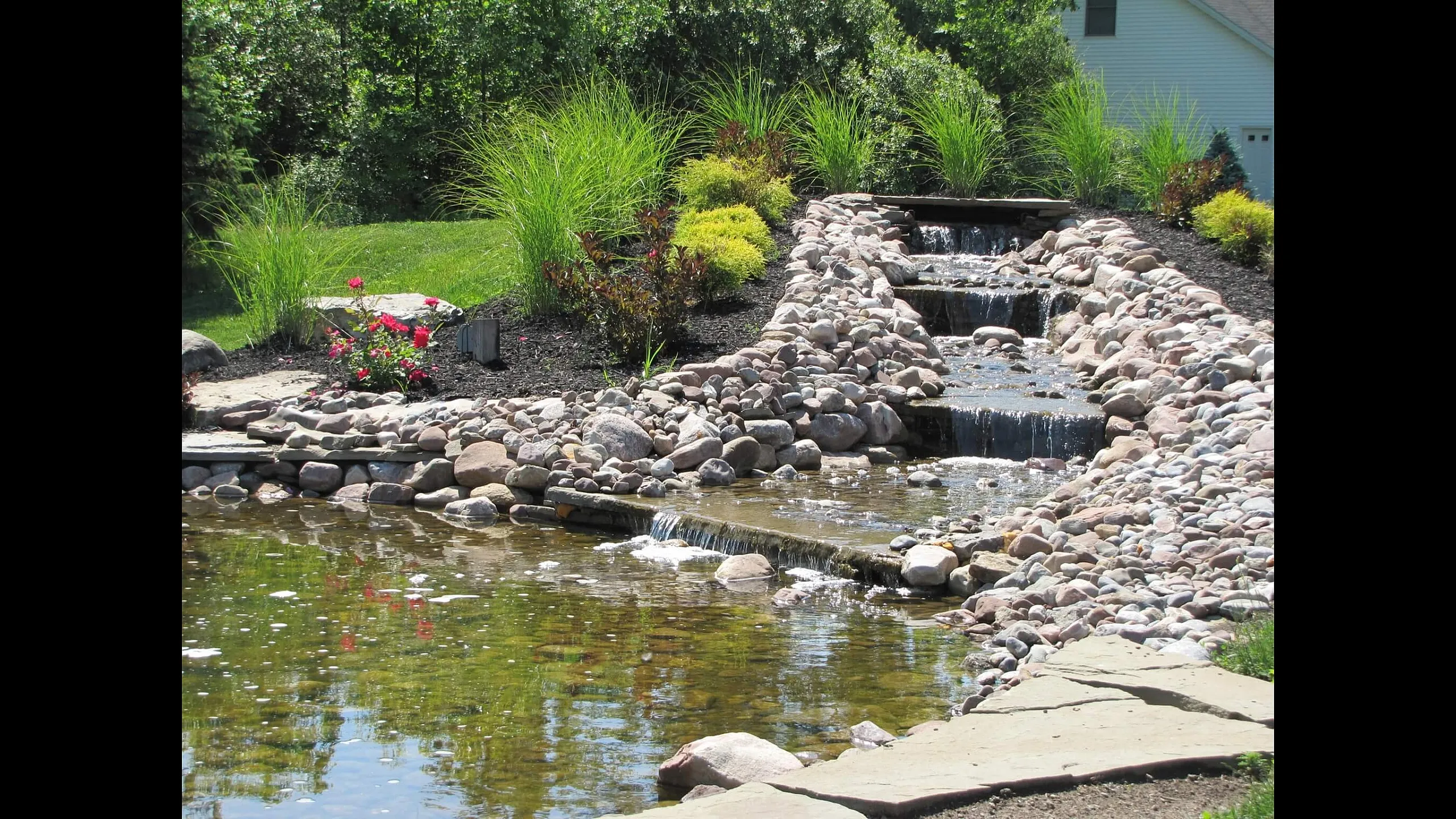 Serene backyard oasis featuring cascading stone waterfall into a tranquil pond surrounded by lush greenery.