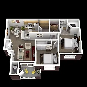 Modern 3D floor plan showcasing two bedrooms, a cozy living area, and a fully-equipped kitchen, perfect for a stylish urban lifestyle.