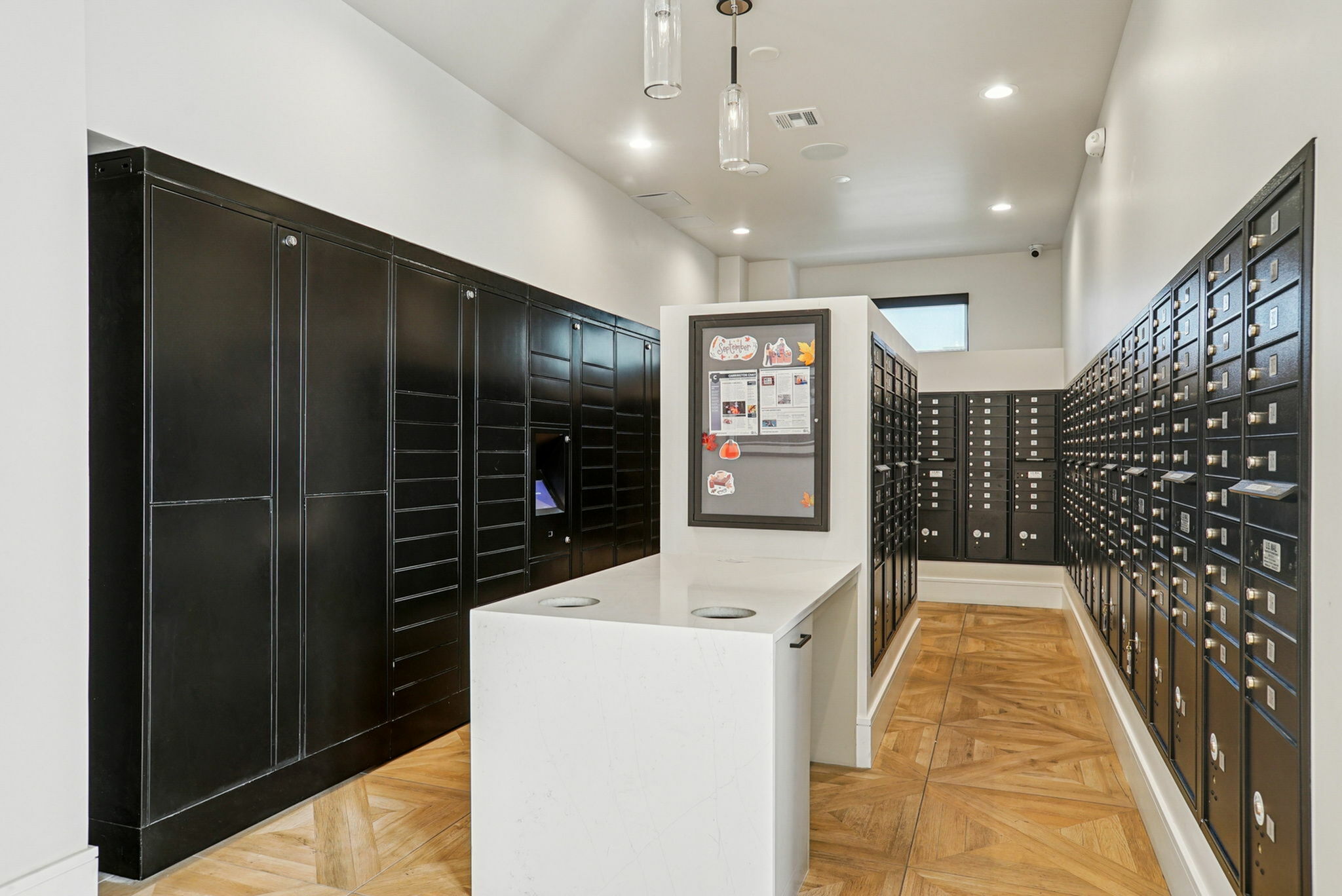 Modern and sleek mailroom with contemporary black lockers and elegant wood flooring, creating a chic and functional space.