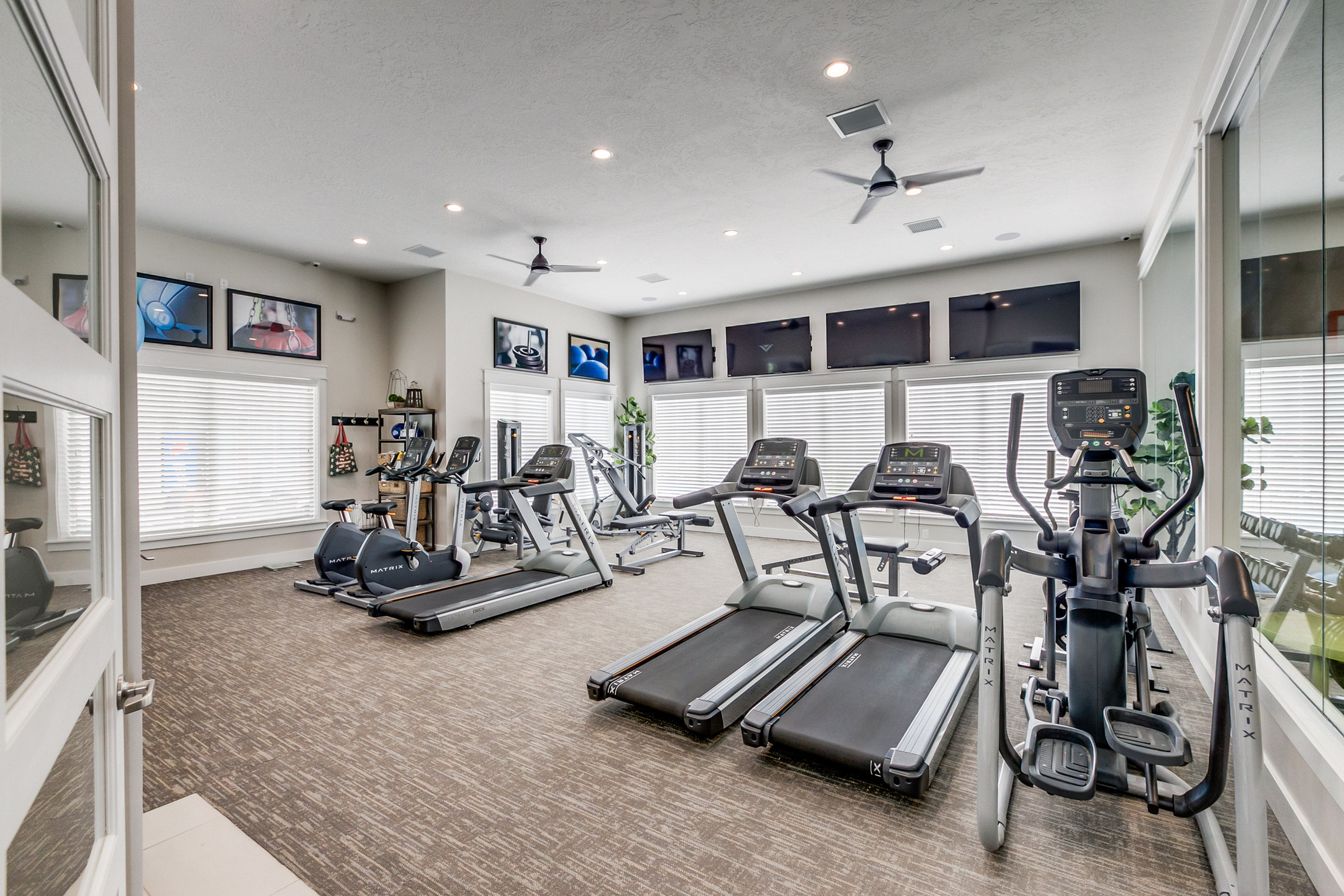 Modern gym with state-of-the-art equipment, featuring treadmills, ellipticals, and stationary bikes, in a bright and spacious interior with multiple TVs.