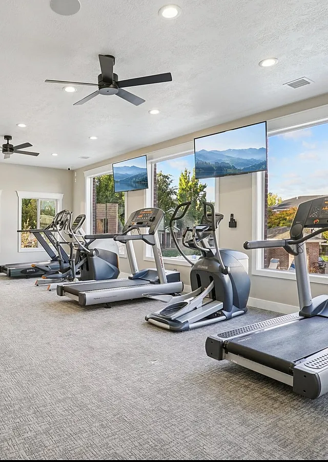 Bright and modern fitness room with state-of-the-art exercise equipment, featuring treadmills and stationary bikes against large windows offering scenic views.