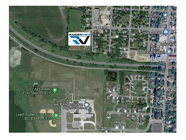 Aerial map showing Lake Park area with football and baseball fields adjacent to the high school.