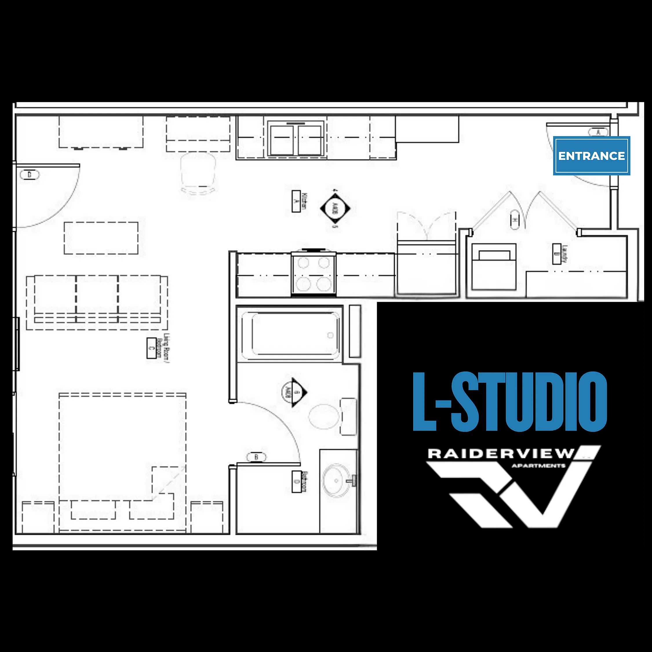 Efficient L-Studio floor plan showcasing a cozy living area, modern kitchen, and well-planned bathroom layout.