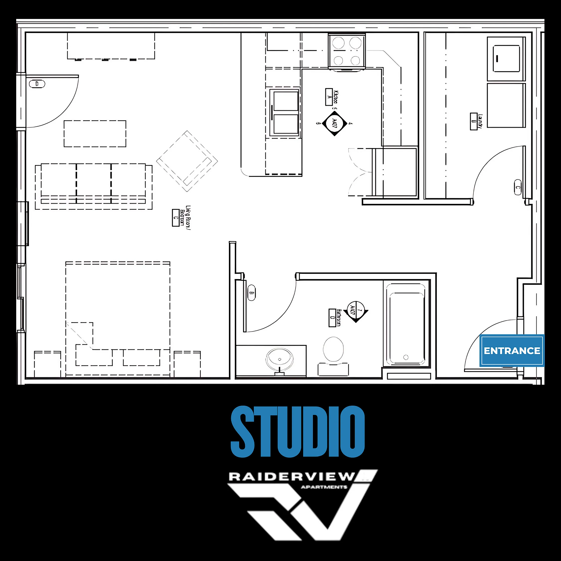 Efficient studio floor plan showcasing an open living space, compact kitchen, and modern bathroom layout.