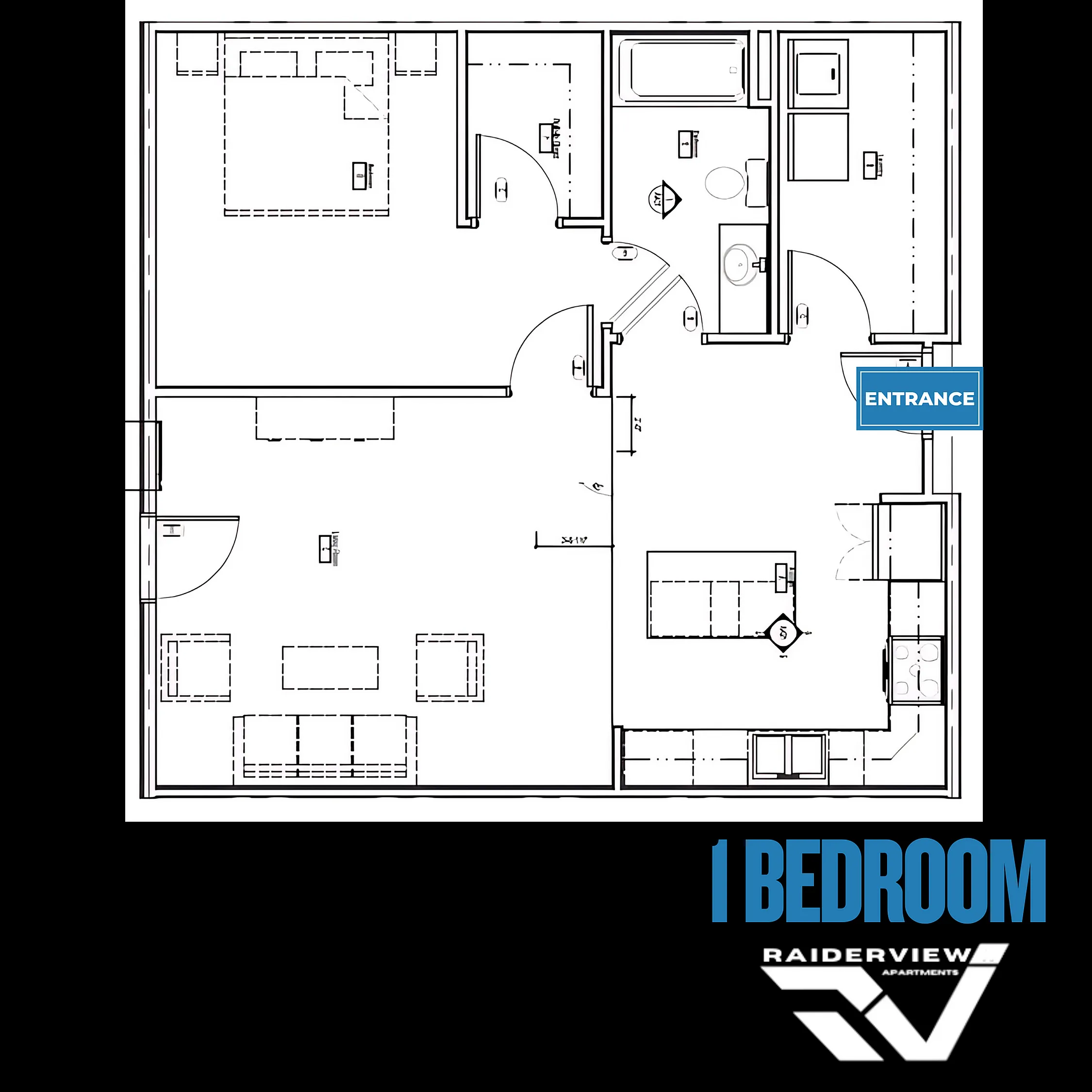 Efficient 1-bedroom apartment floor plan highlighting open living space and modern amenities.