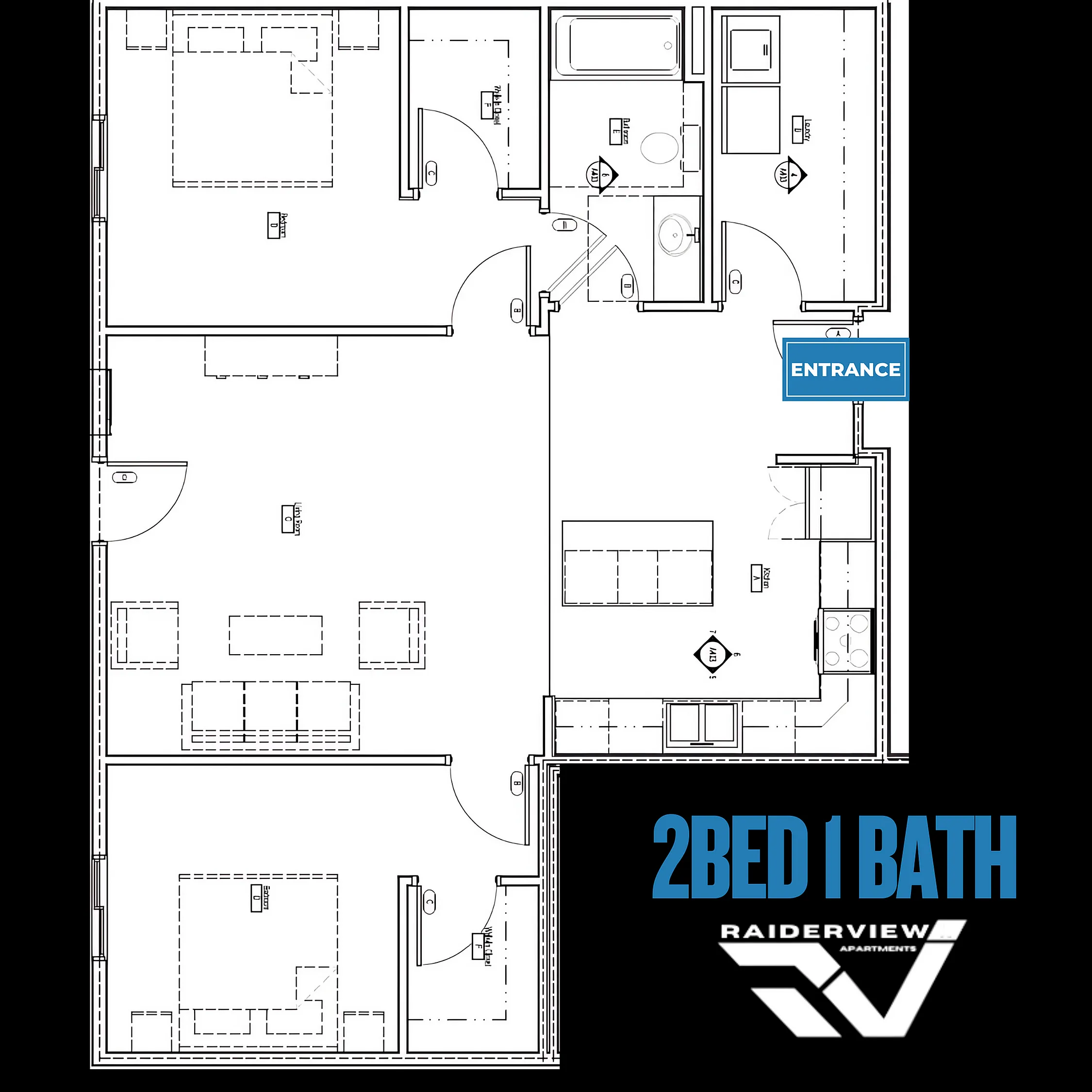 Chic floor plan of RaiderView Apartments showing 2 bedrooms, 1 bathroom, and an inviting open-concept living space.