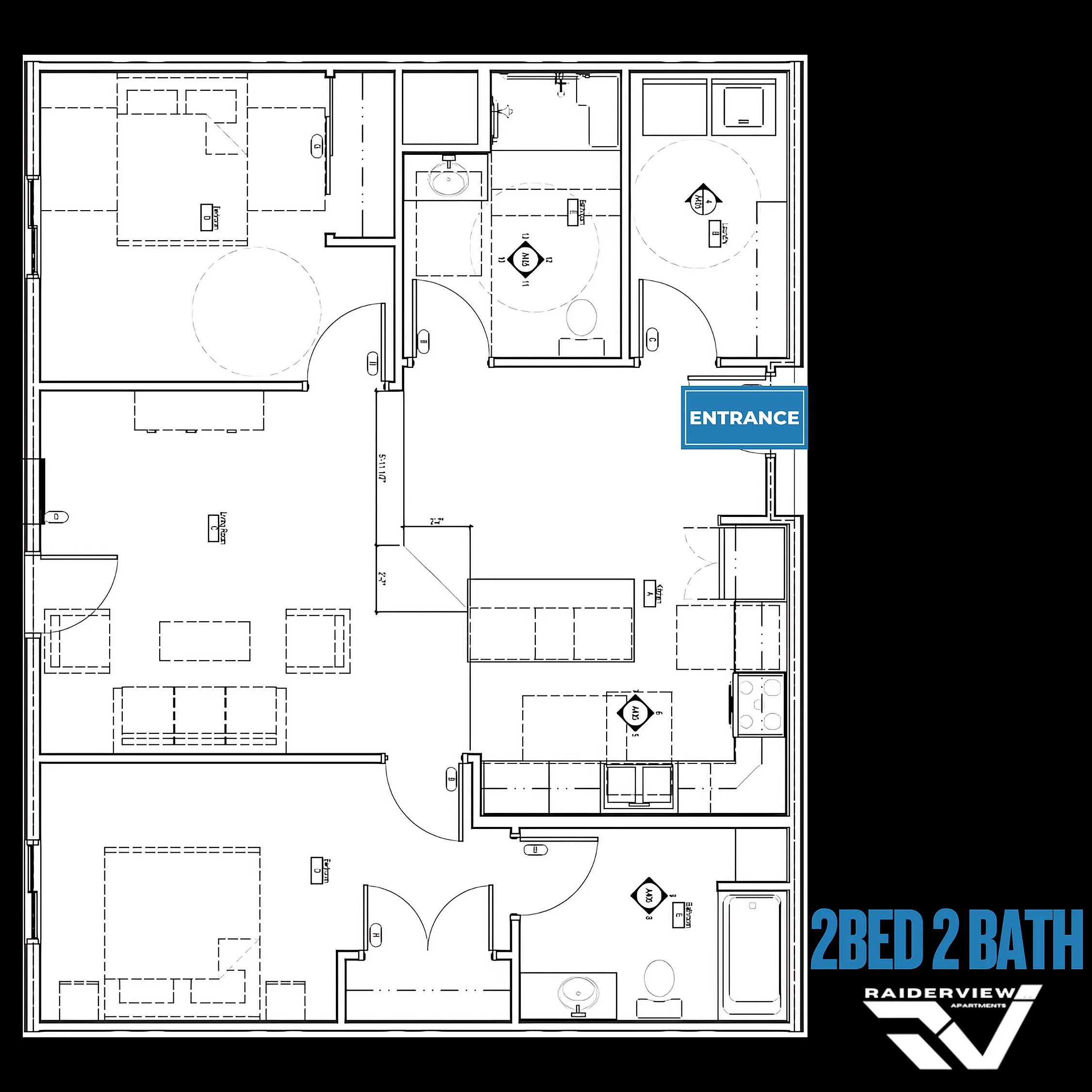 Modern 2D floor plan showcasing 2 bedrooms and 2 bathrooms with an open living area at Raider View Apartments.