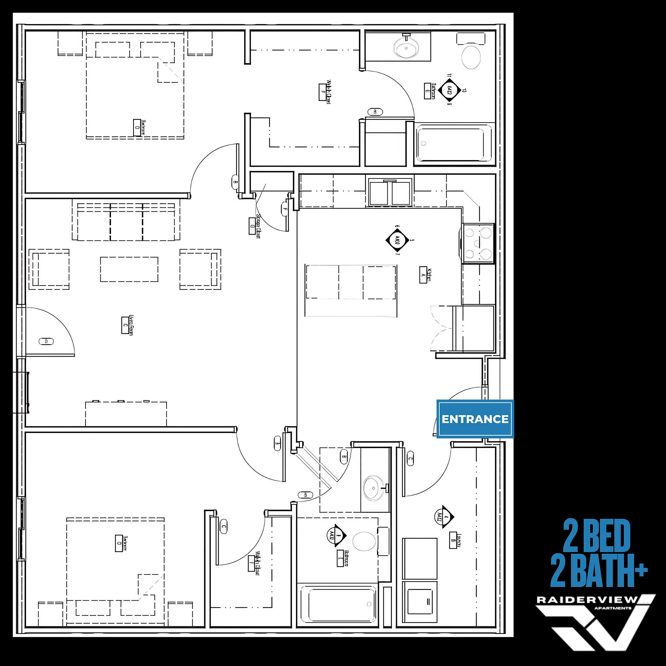 Contemporary floor plan of a 2-bedroom, 2-bathroom apartment showcasing an efficient layout with a modern kitchen and living area.