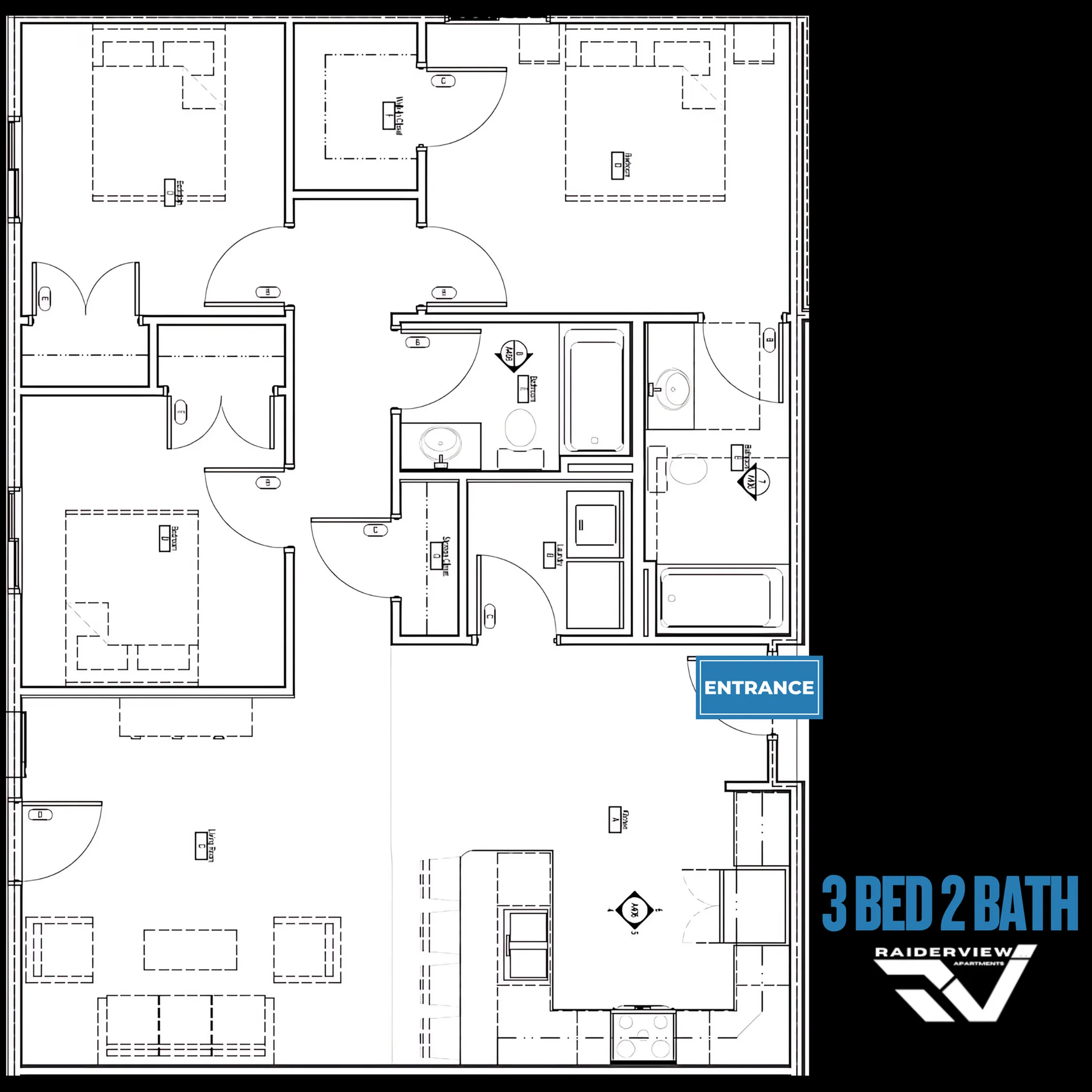 Detailed 3-bedroom, 2-bathroom floor plan with open-concept living and dining area.