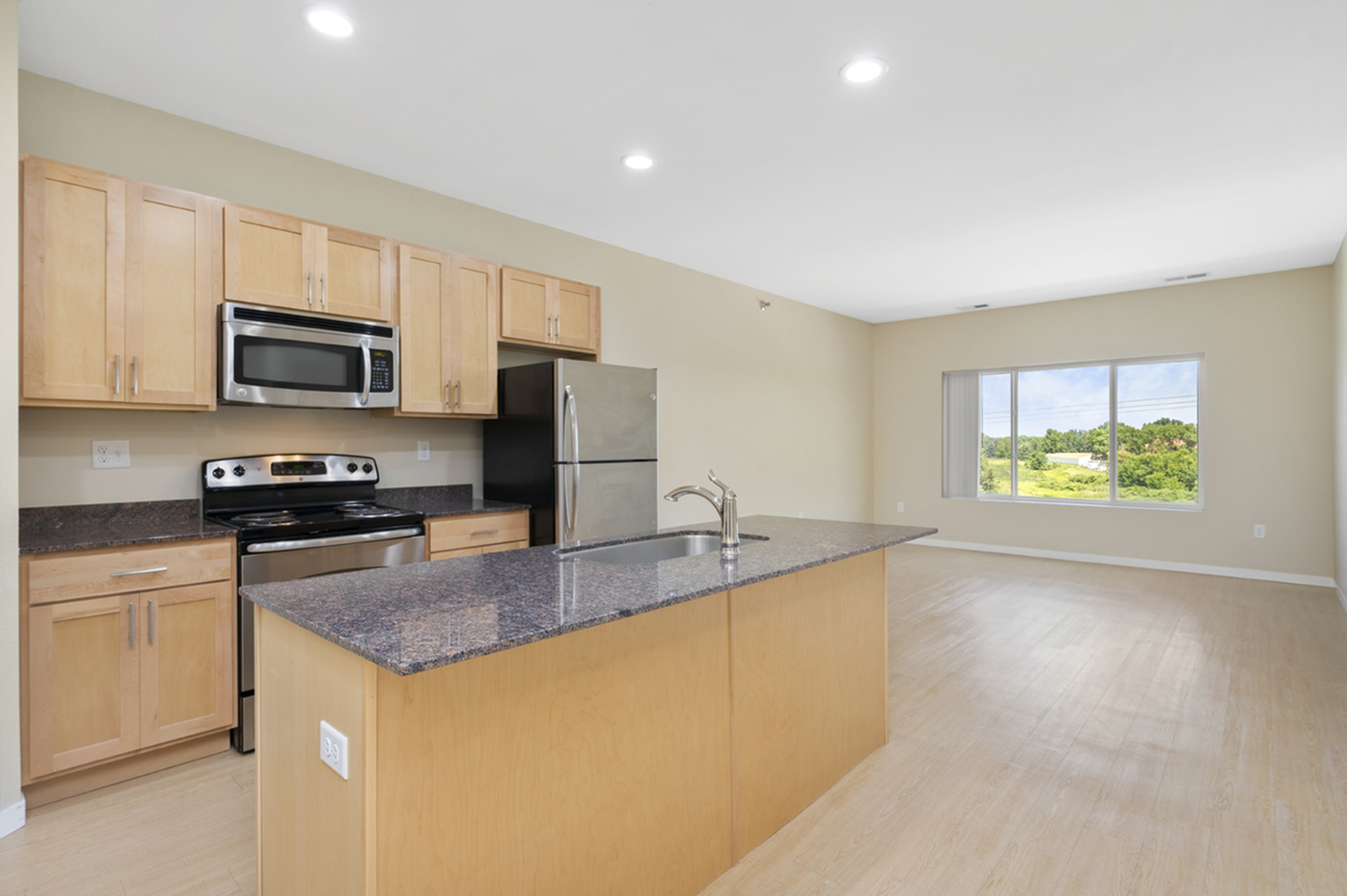 Bright open-concept kitchen with modern stainless steel appliances and large island, seamlessly flowing into a sunlit living area with scenic window views.