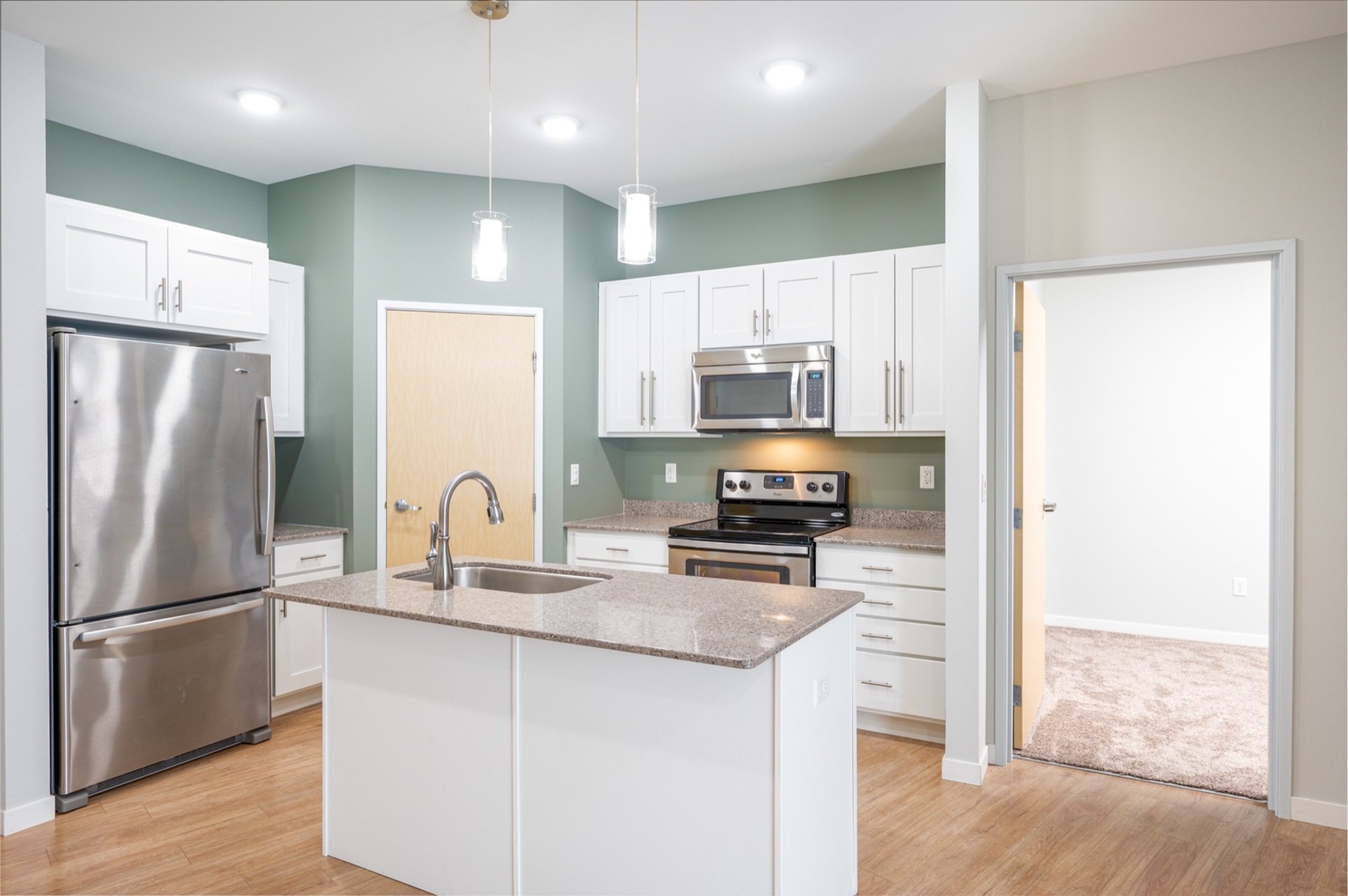 Contemporary kitchen with sleek stainless steel appliances, elegant granite countertops, white cabinets, and inviting hardwood floors.