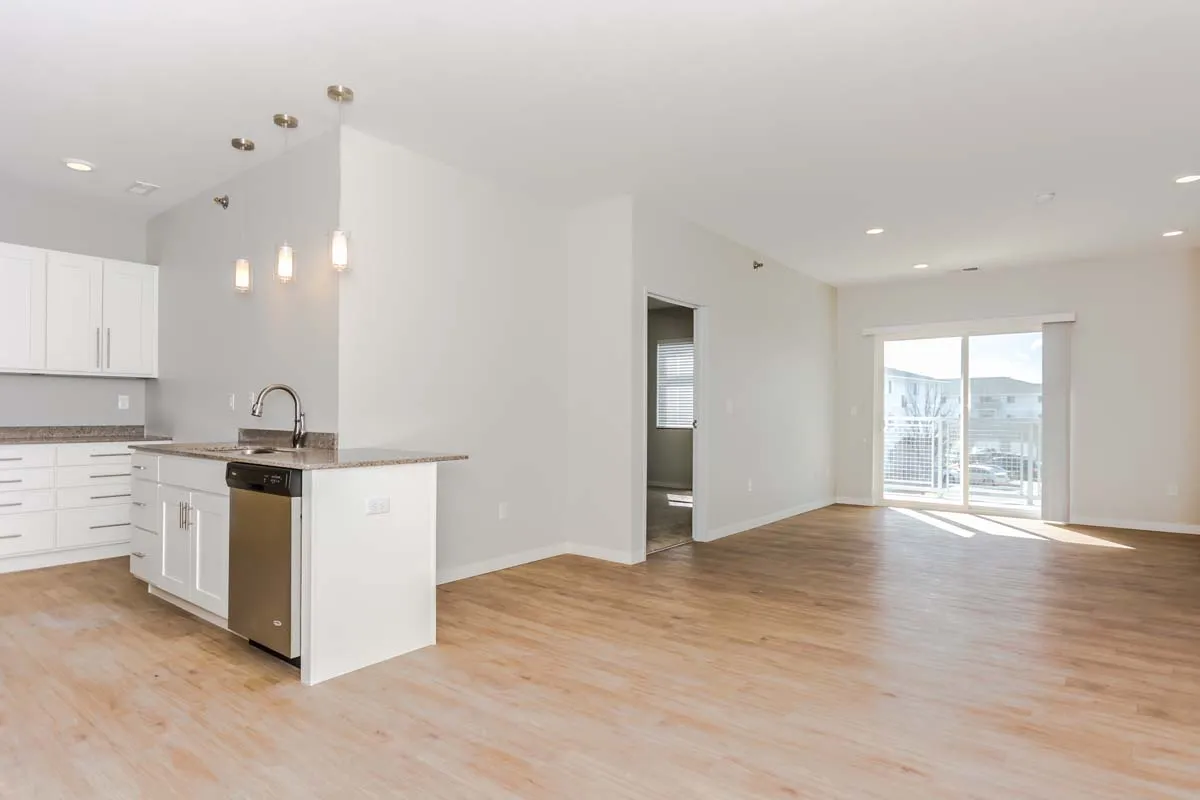 Modern open-plan kitchen and living area with ample natural light and sleek finishes, highlighting hardwood floors and contemporary design.