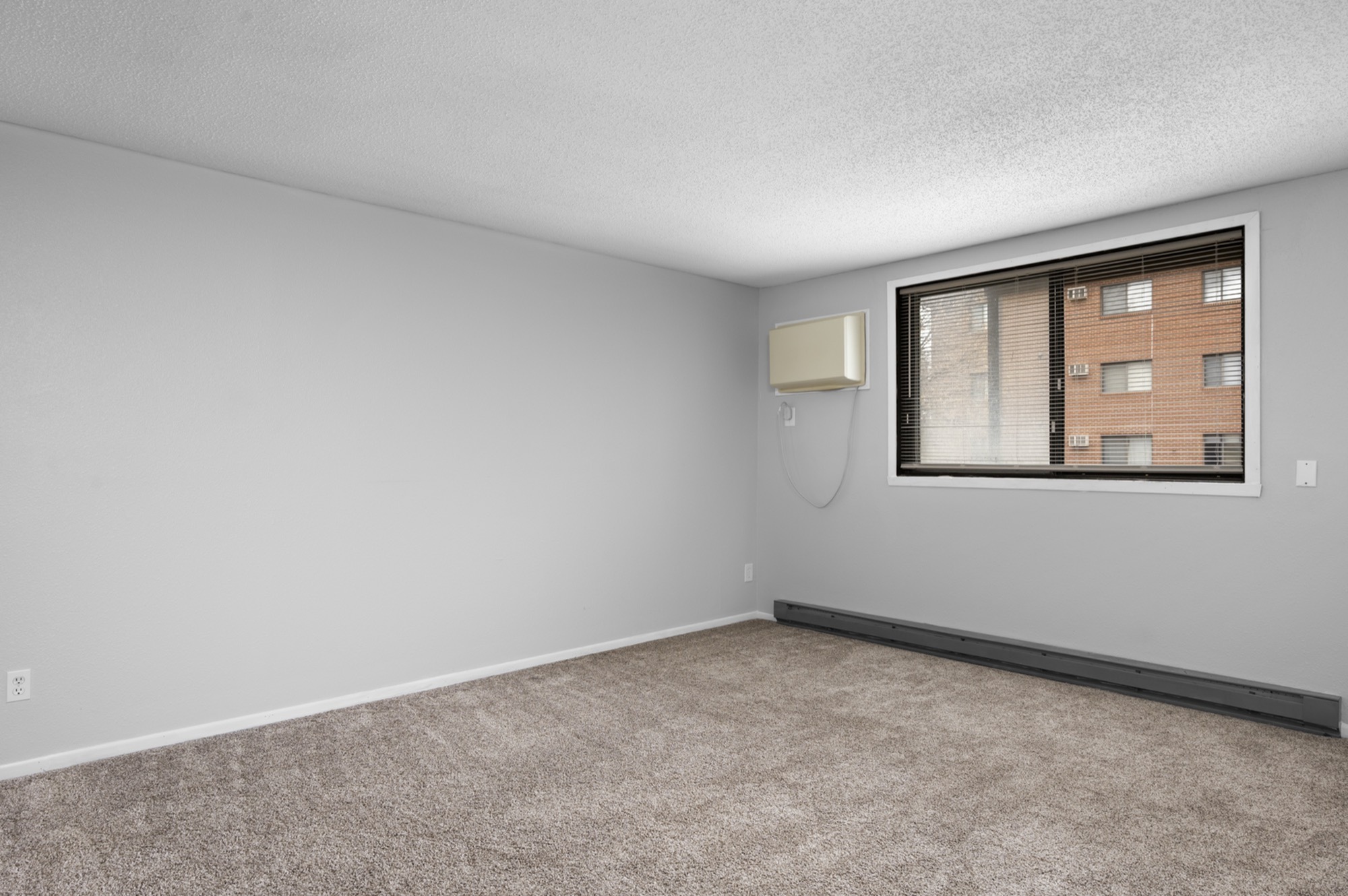 Bright and spacious room with neutral walls, soft carpet, and large window offering natural light.