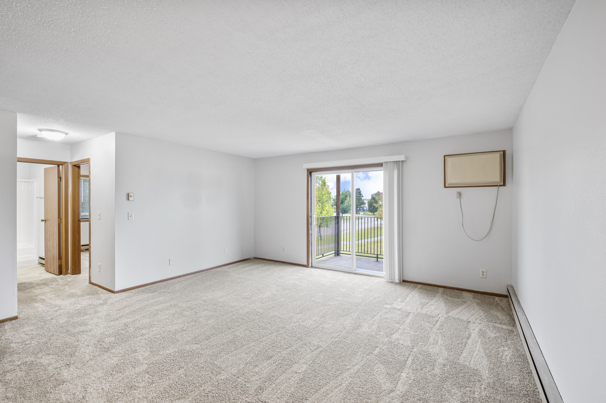 Spacious living room with plush carpet, sliding glass doors leading to a balcony with scenic views.
