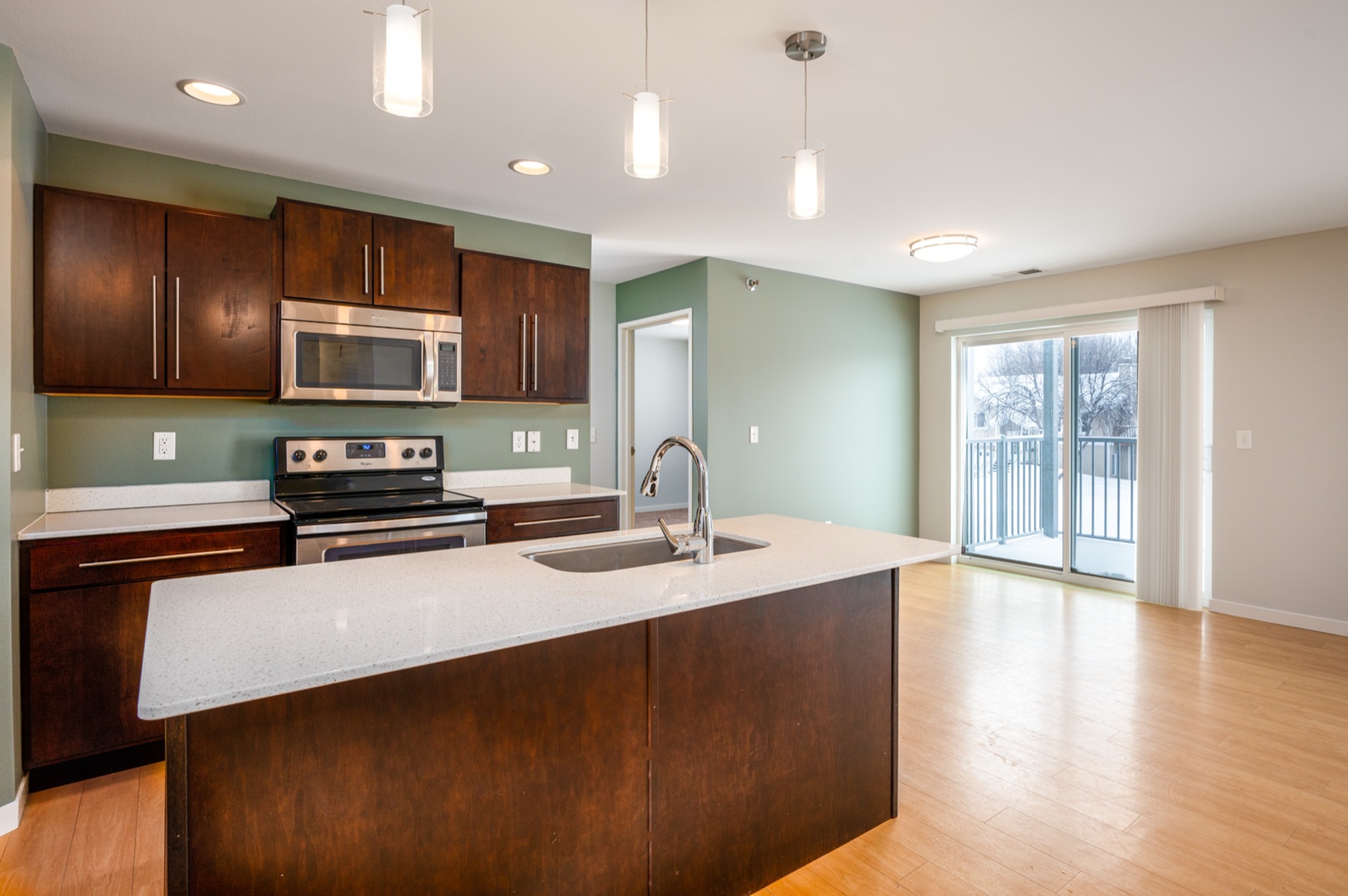 Modern kitchen with sleek dark wood cabinets, quartz countertops, and stainless steel appliances, including a built-in microwave and oven, complemented by warm wood flooring and contemporary lighting.